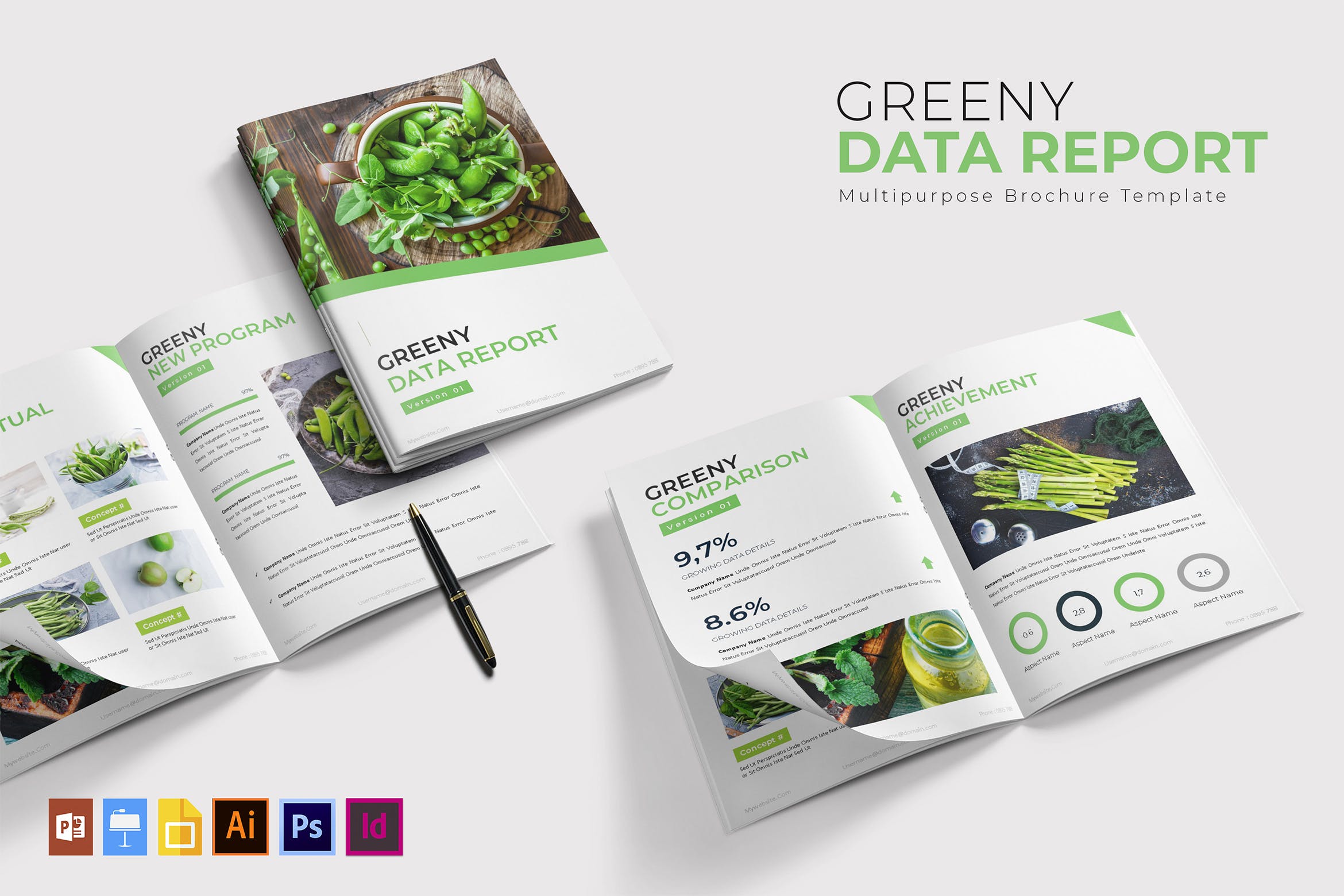 绿色设计风格数据统计分析报告设计模板 Greeny Data Report | Brochure Template插图