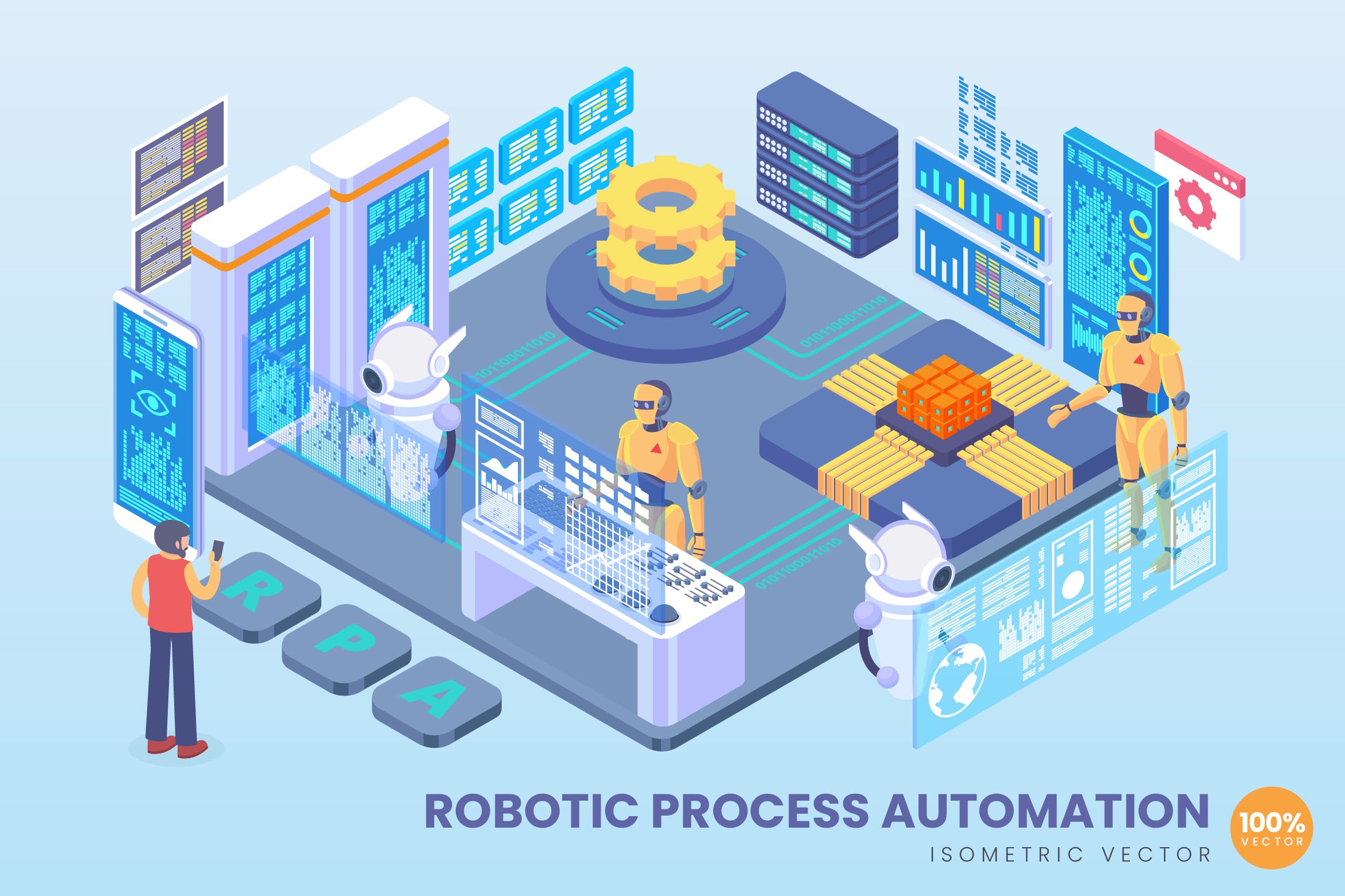 机器人自动化生产技术等距矢量16设计网精选科技概念插画 Isometric Robotic Process Automation Vector插图