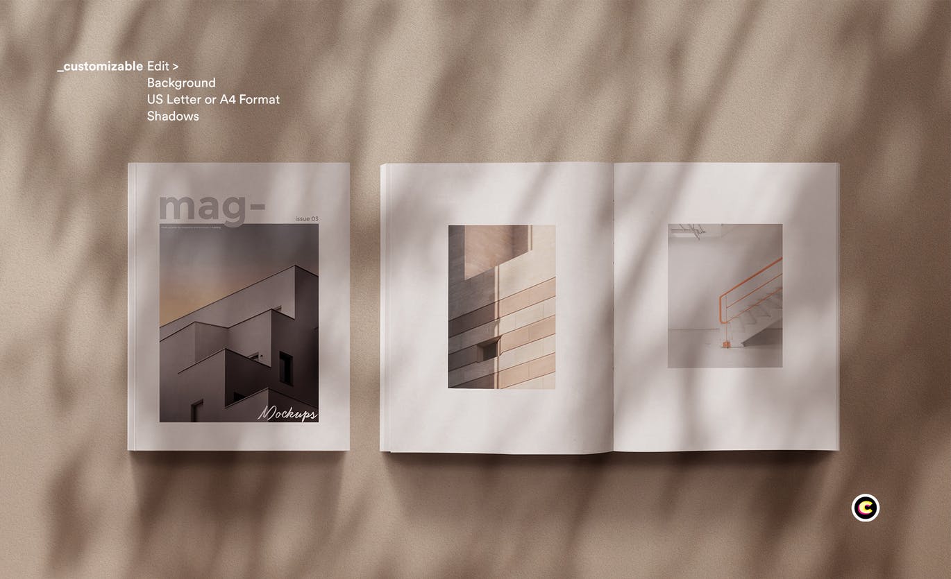 植物阴影墙背景杂志排版设计预览样机16设计网精选模板 Shadow Magazine Mockups插图(2)