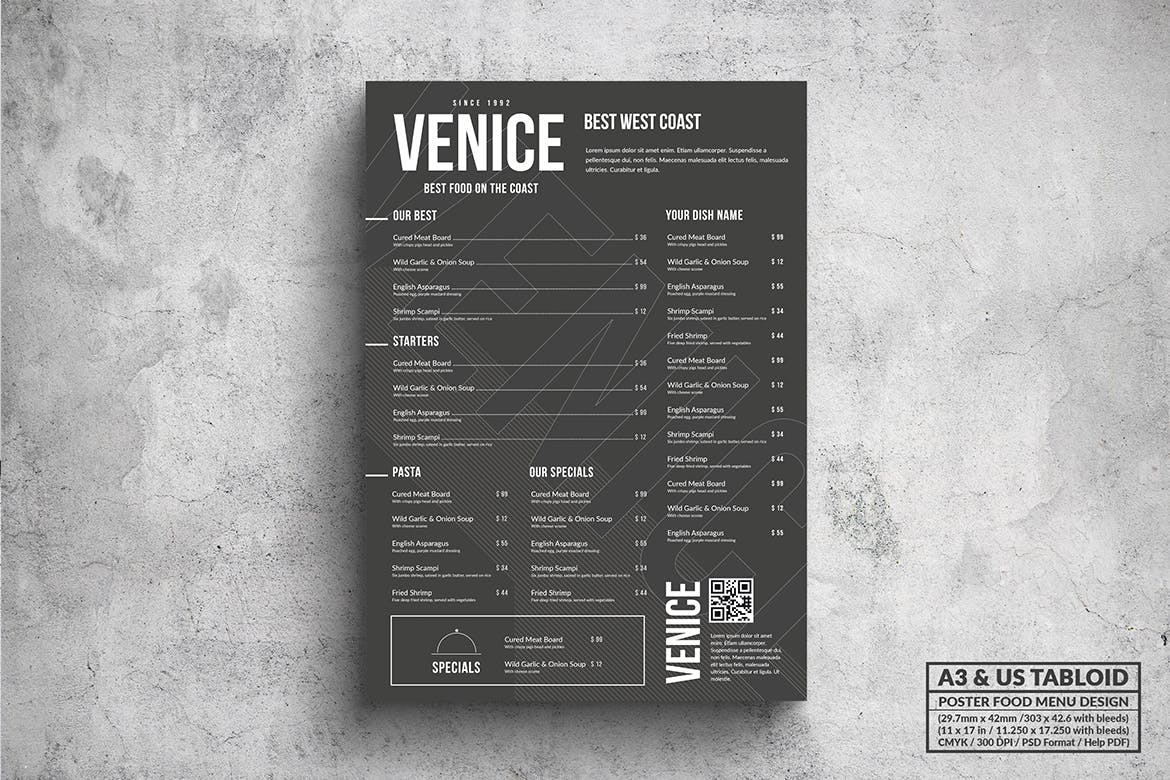 极简设计风格西餐菜单海报PSD素材16设计网精选模板 Venice Minimal Food Menu – A3 & US Tabloid Poster插图(1)