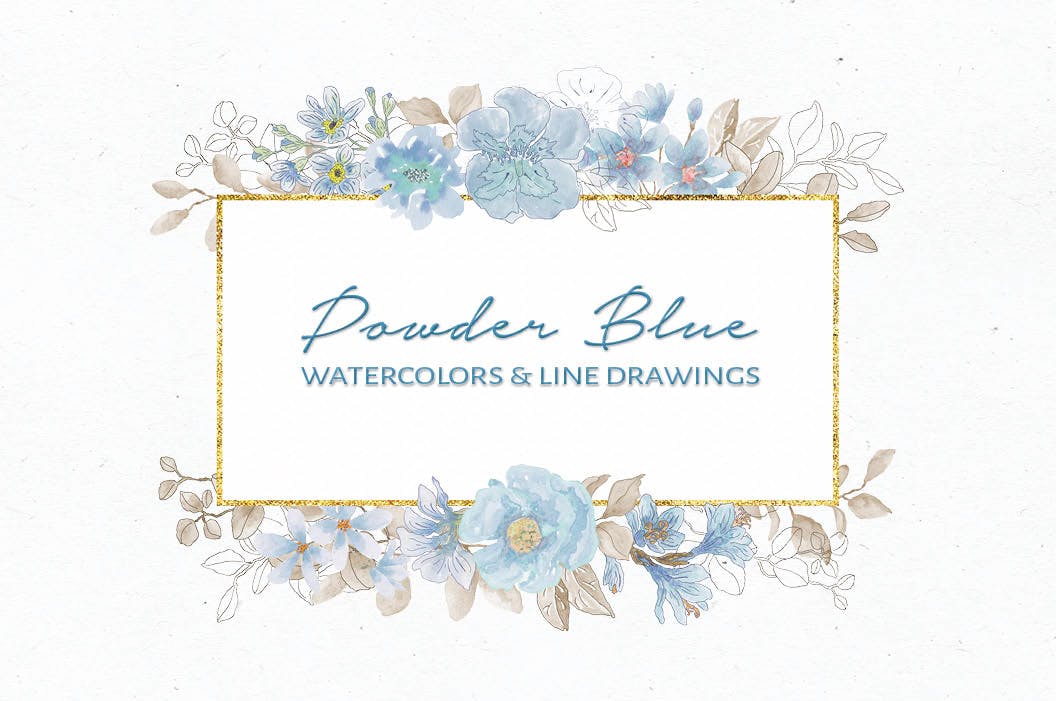 粉蓝色水彩手绘花卉剪贴画PNG非凡图库精选设计素材 Powder Blue Watercolor Design Collection插图(8)