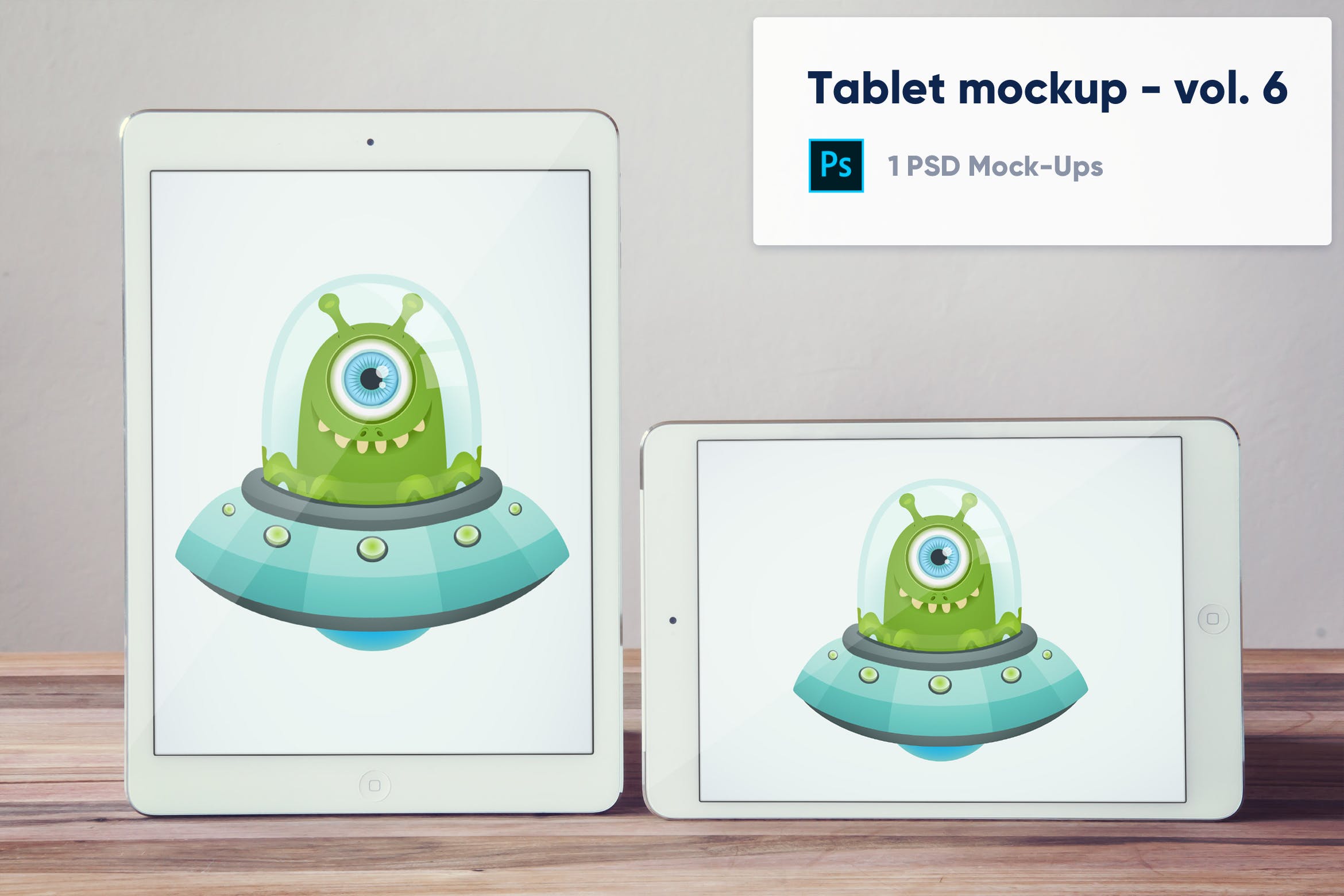 横版&竖版平板电脑屏幕演示非凡图库精选样机v6 Tablets on Wooden Desk Mockup – Vol. 6插图