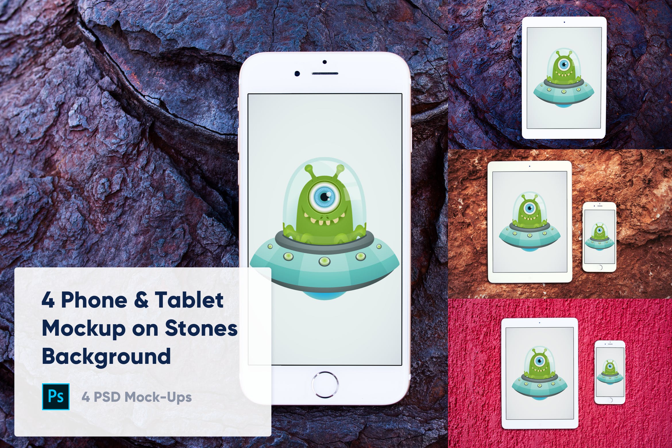 石头背景平板电脑&手机素材库精选样机模板 4 Tablet & Phone Mockup on Stone Background插图