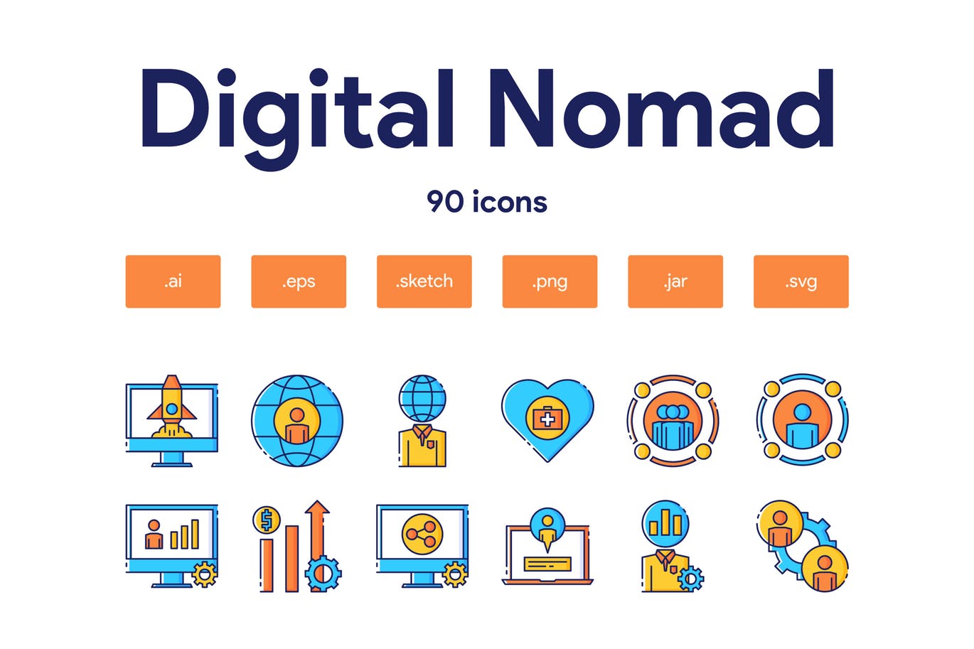 90枚数字游民主题填色线性素材库精选图标 Digital Nomad Icon Set插图