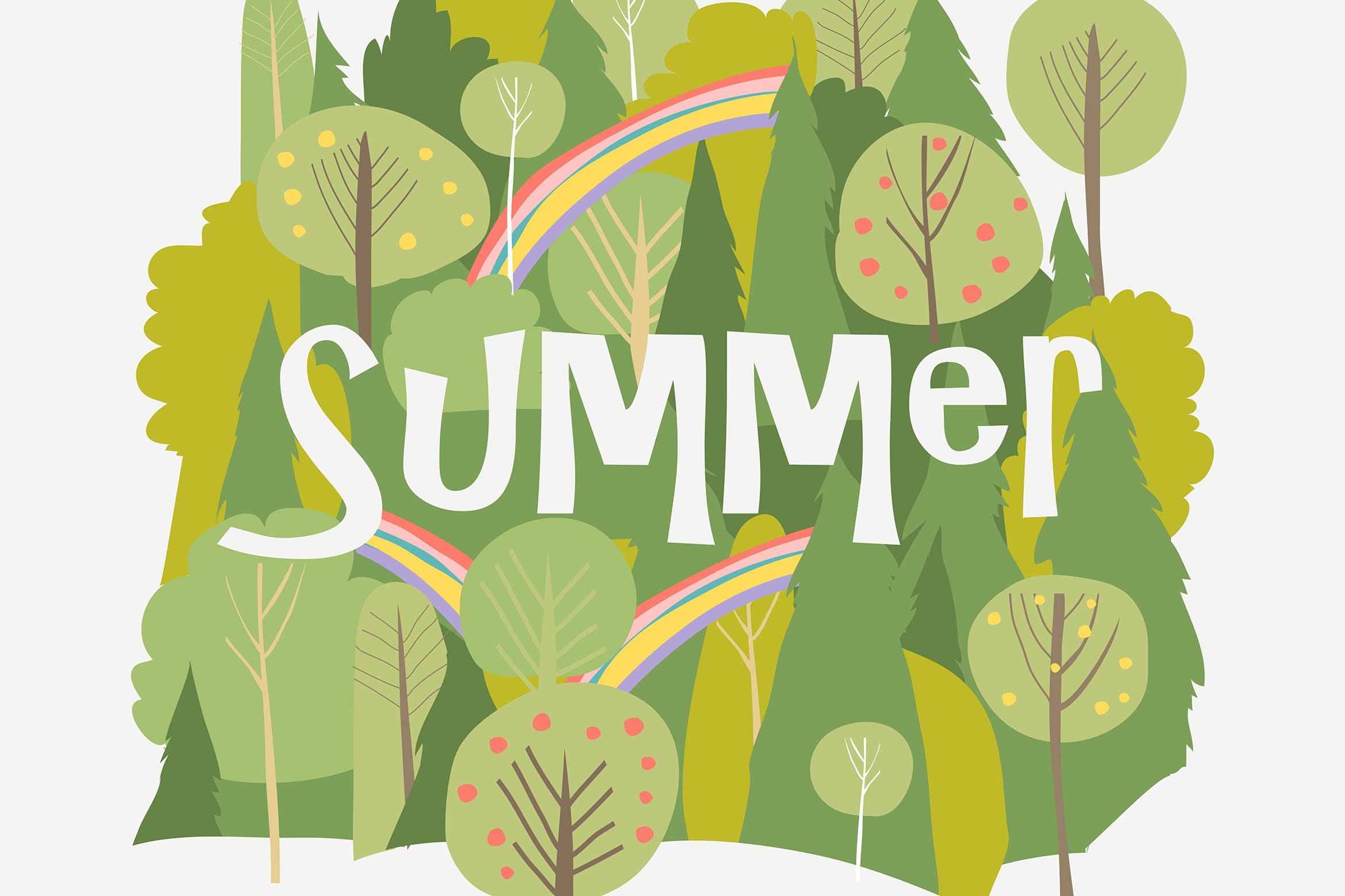 夏天森林背景矢量手绘图案素材 Vector cartoon summer forest with rainbow on white插图