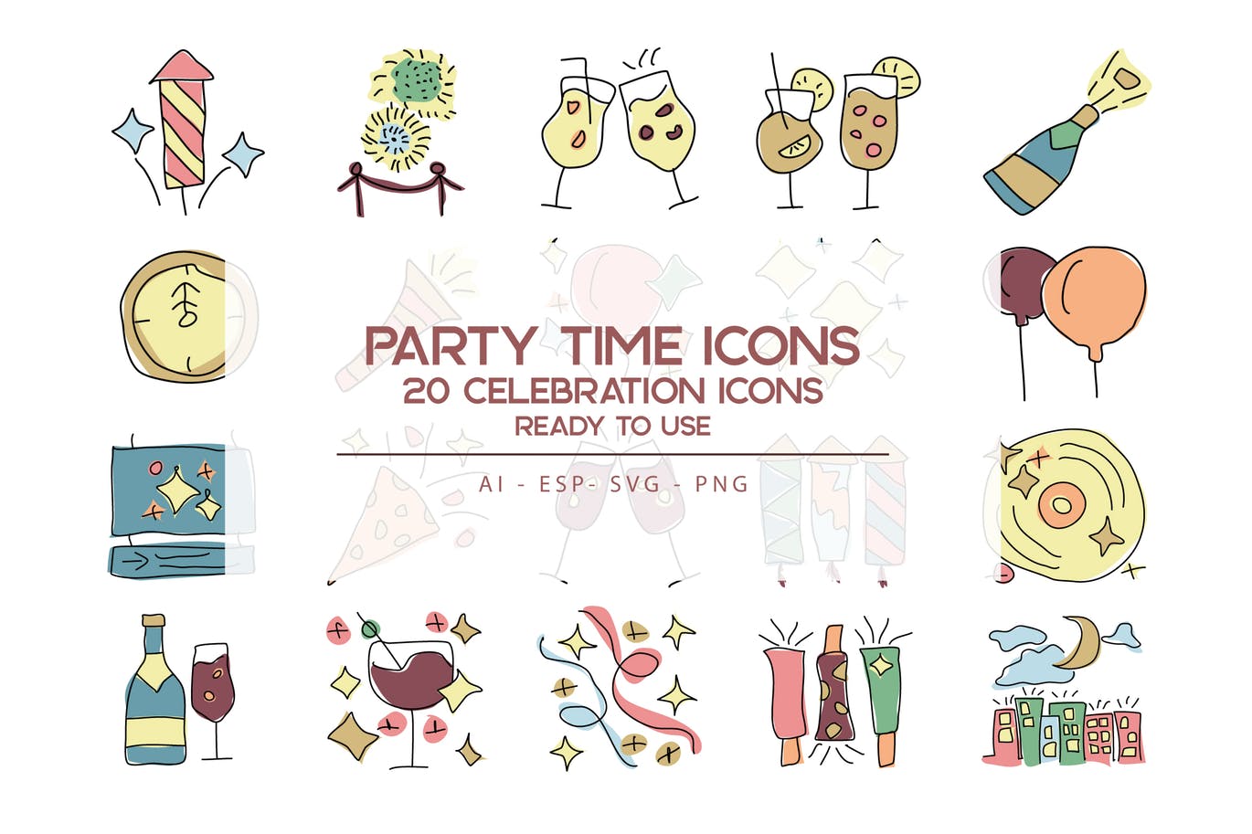 20枚活动时刻主题手绘设计风格矢量16图库精选图标 Party Time Icons Set插图