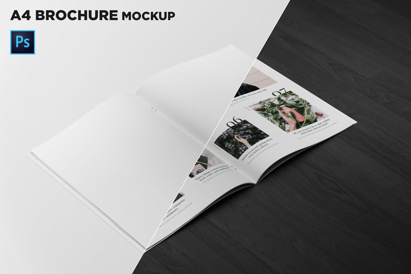 A4宣传小册子/企业画册内页版式设计45度角视图样机非凡图库精选 A4 Brochure Mockup 2 Pages Spread插图