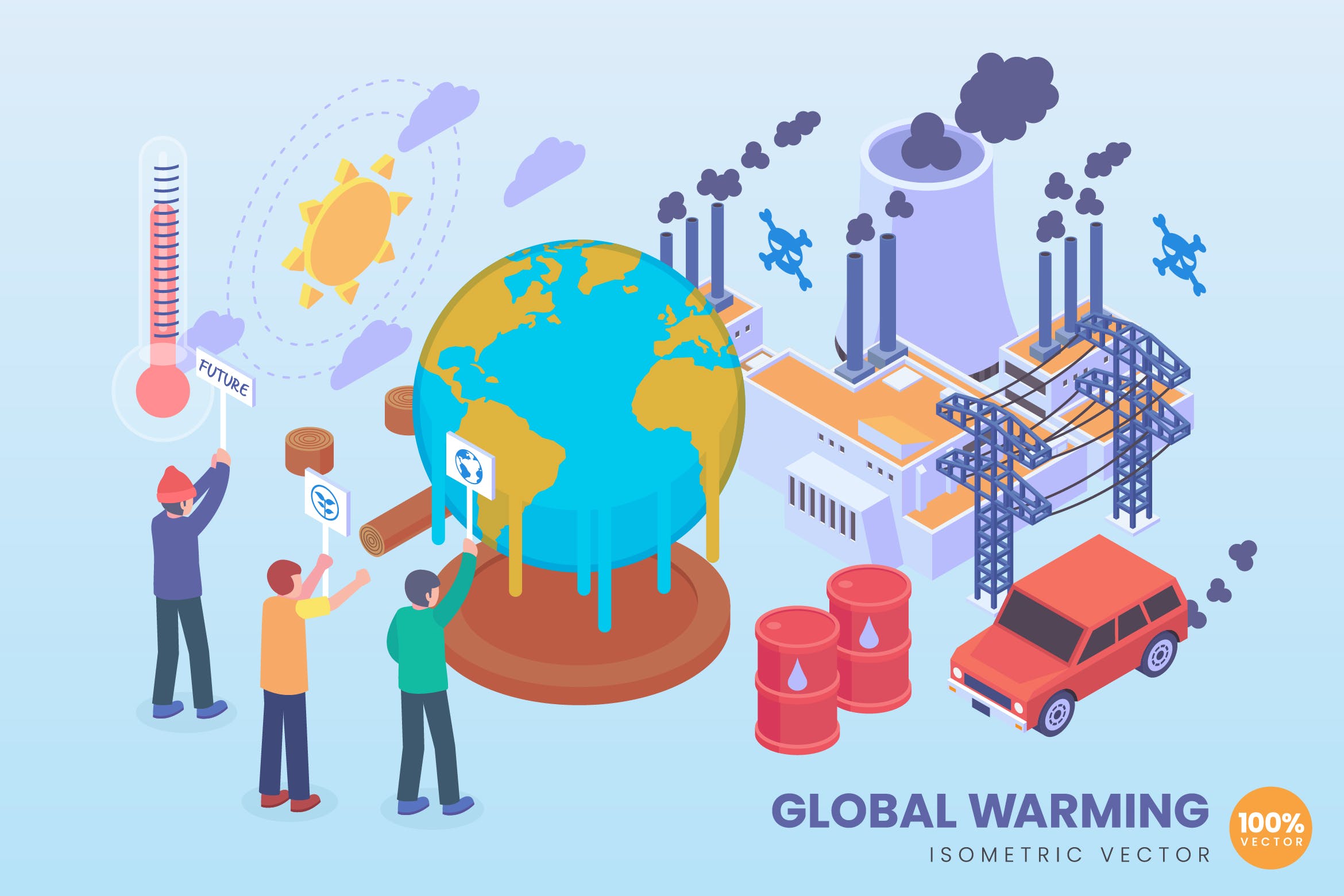 全球气温变暖主题等距矢量素材库精选概念插画 Isometric Global Warming Vector Concept插图