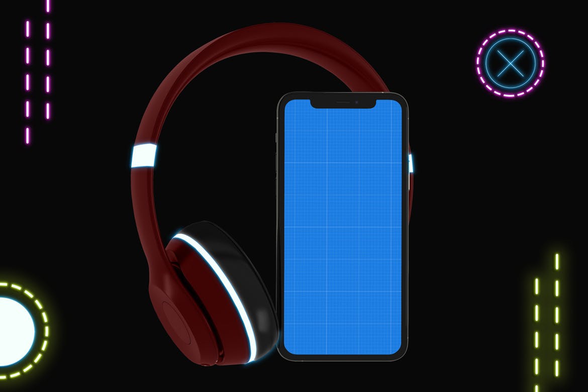 霓虹灯设计风格iPhone手机音乐APP应用UI设计图素材库精选样机 Neon iPhone Music App Mockup插图(7)