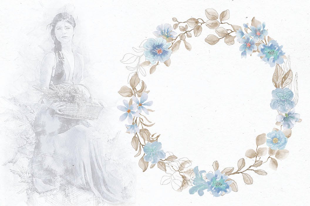 粉蓝色水彩花环剪贴画素材库精选PNG素材 Powder Blue Watercolor Wreaths插图(1)
