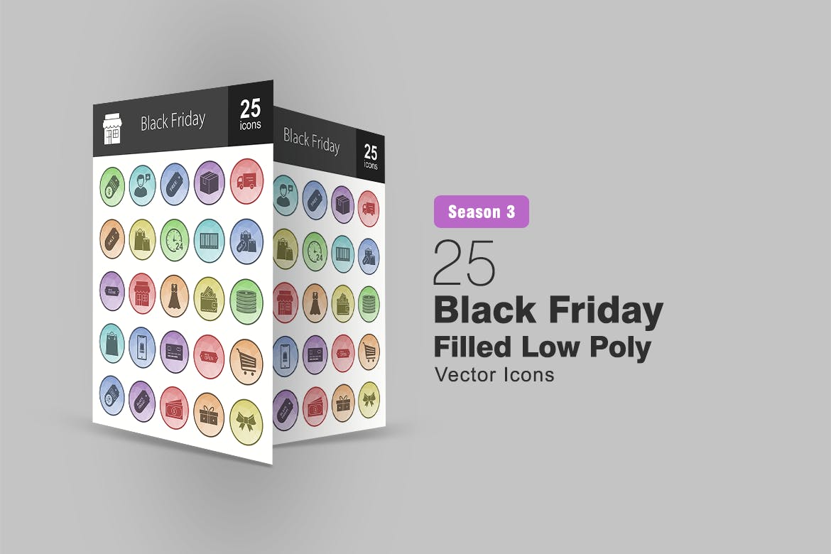25枚黑色星期五主题多边形填充色矢量亿图网易图库精选图标 25 Black Friday Filled Low Poly Icons插图