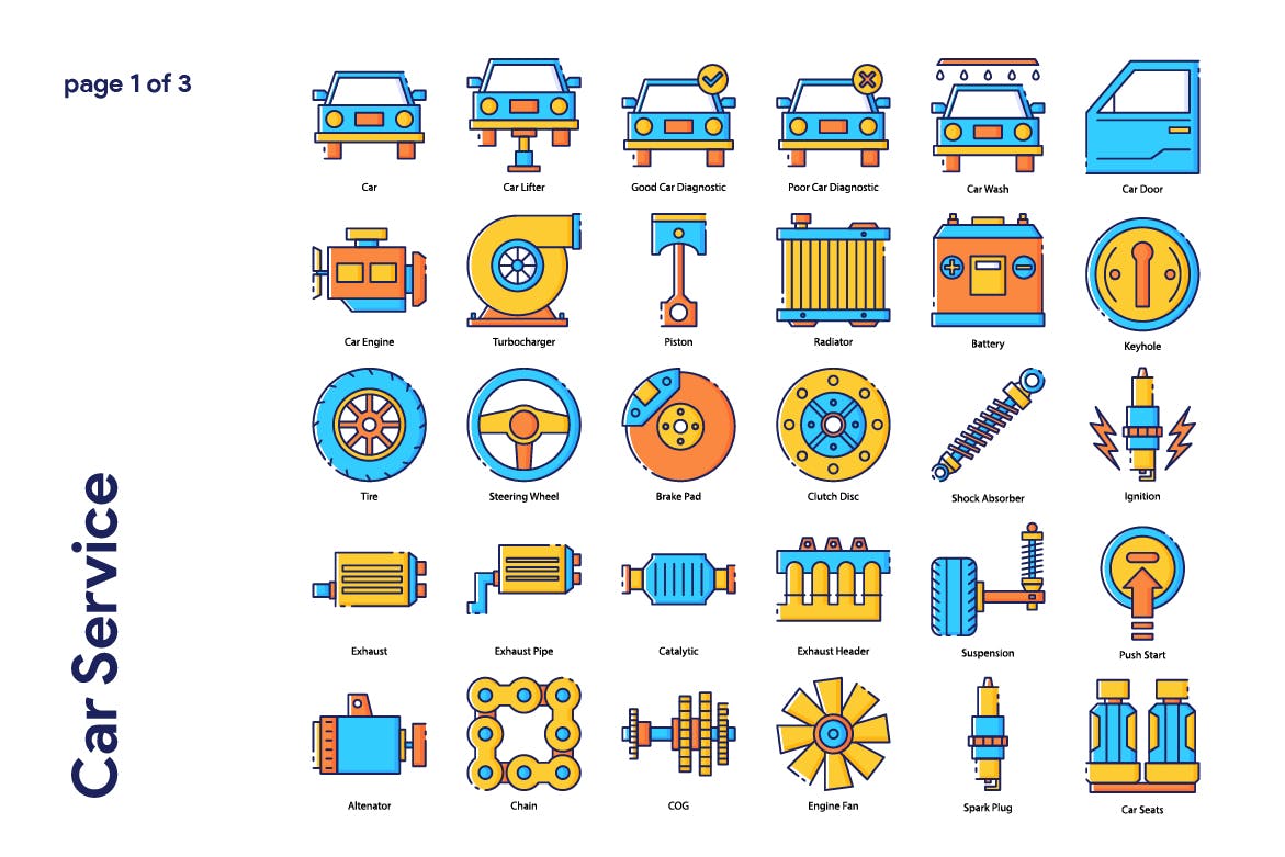 70枚汽车服务主题填色线性16图库精选图标 Car Service Icon Set插图(1)