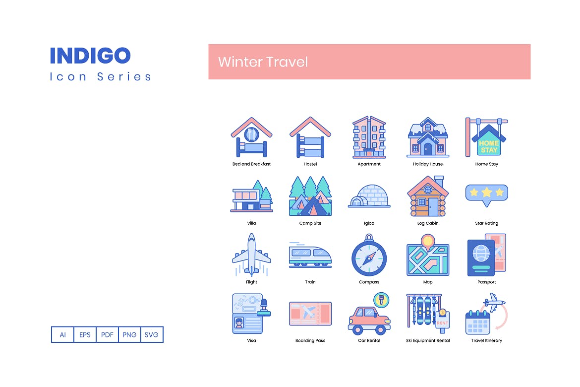 95枚靛蓝配色冬季旅行主题矢量非凡图库精选图标合集 95 Winter Travel Icons | Indigo Series插图(3)