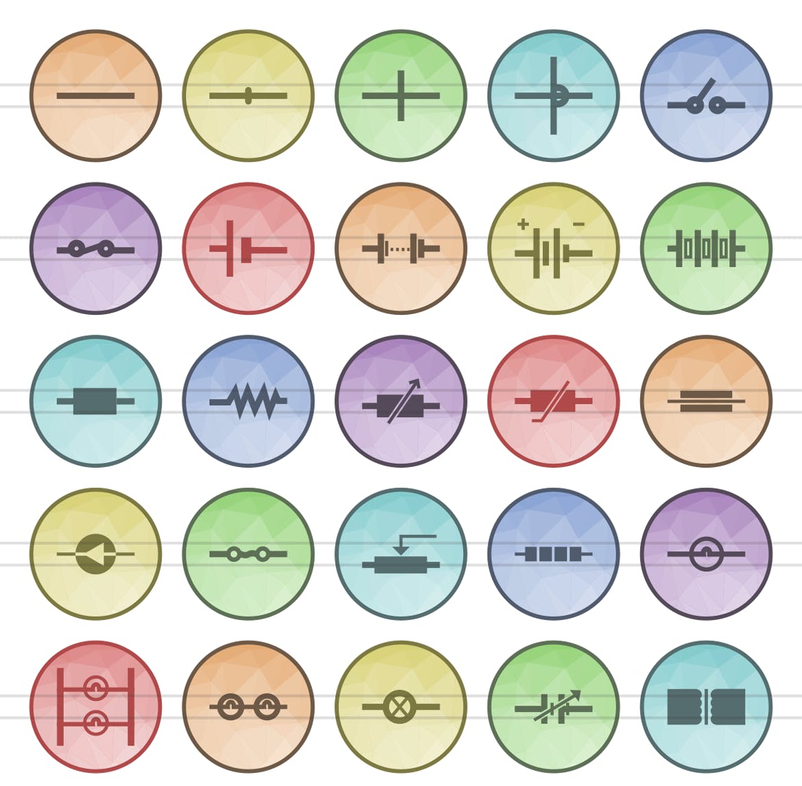 50枚电路线路板主题多边形填充色圆形非凡图库精选图标 50 Electric Circuits Filled Low Poly Icons插图(1)
