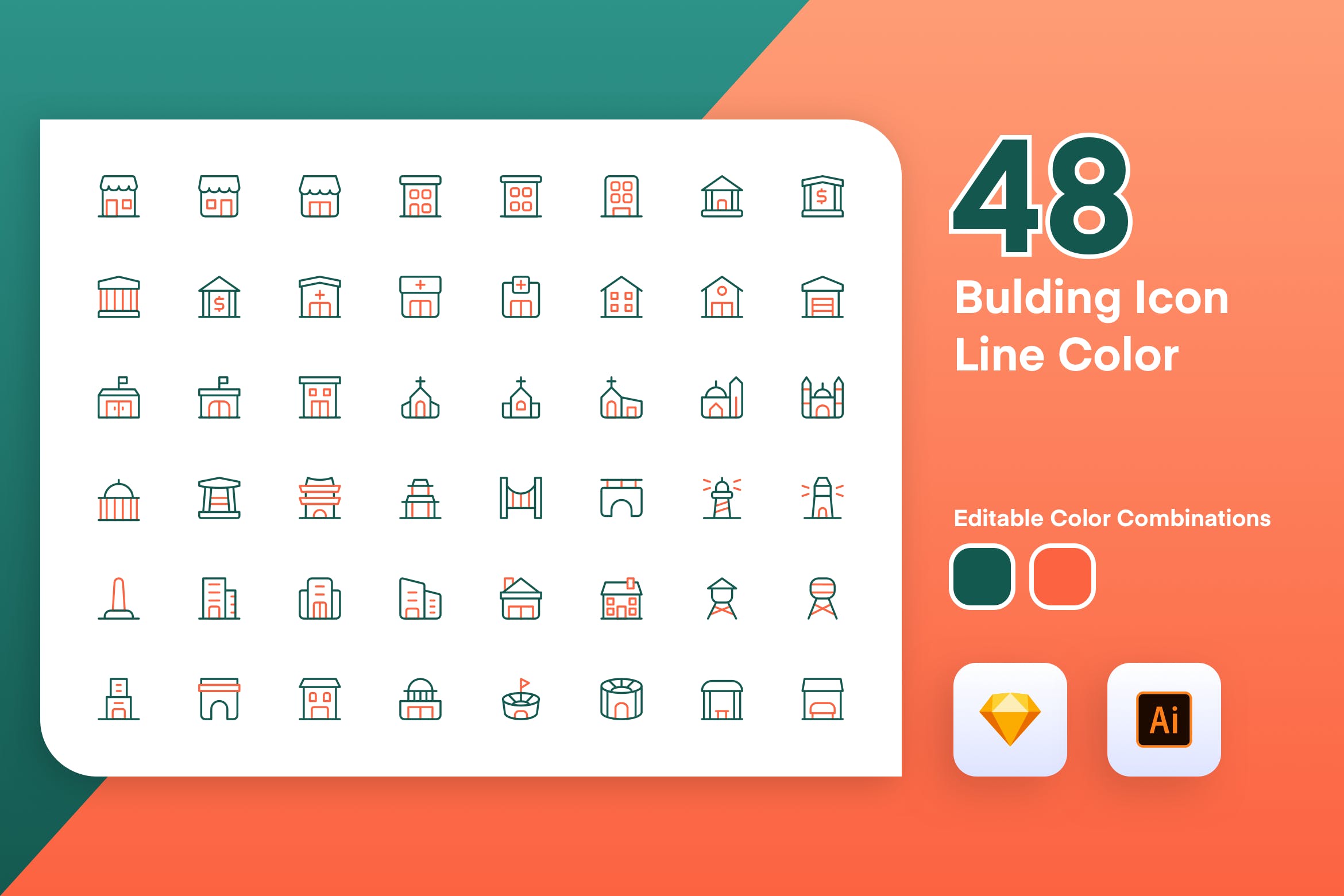 48枚建筑主题彩色矢量线性素材库精选图标素材 Building Icon Line Color插图
