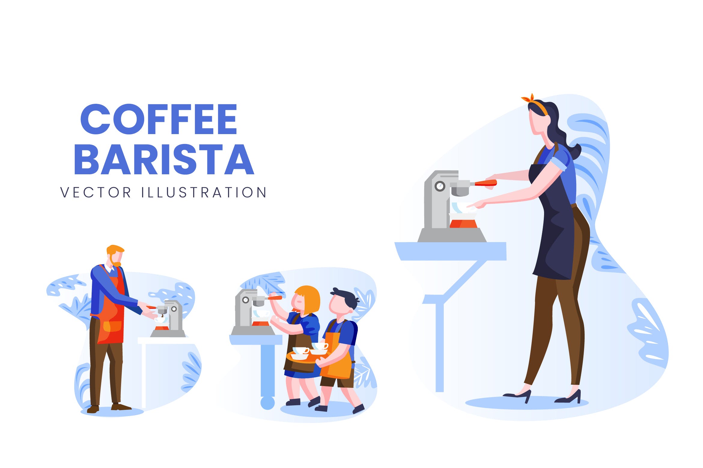 咖啡师人物形象非凡图库精选手绘插画矢量素材 Coffee Barista Vector Character Set插图