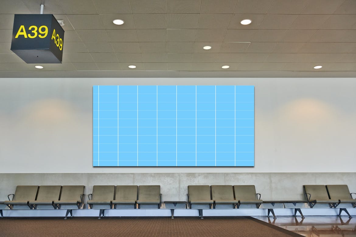 机场候机室挂墙广告大屏幕演示样机素材库精选模板 Airport_Wall_Mockup插图(1)