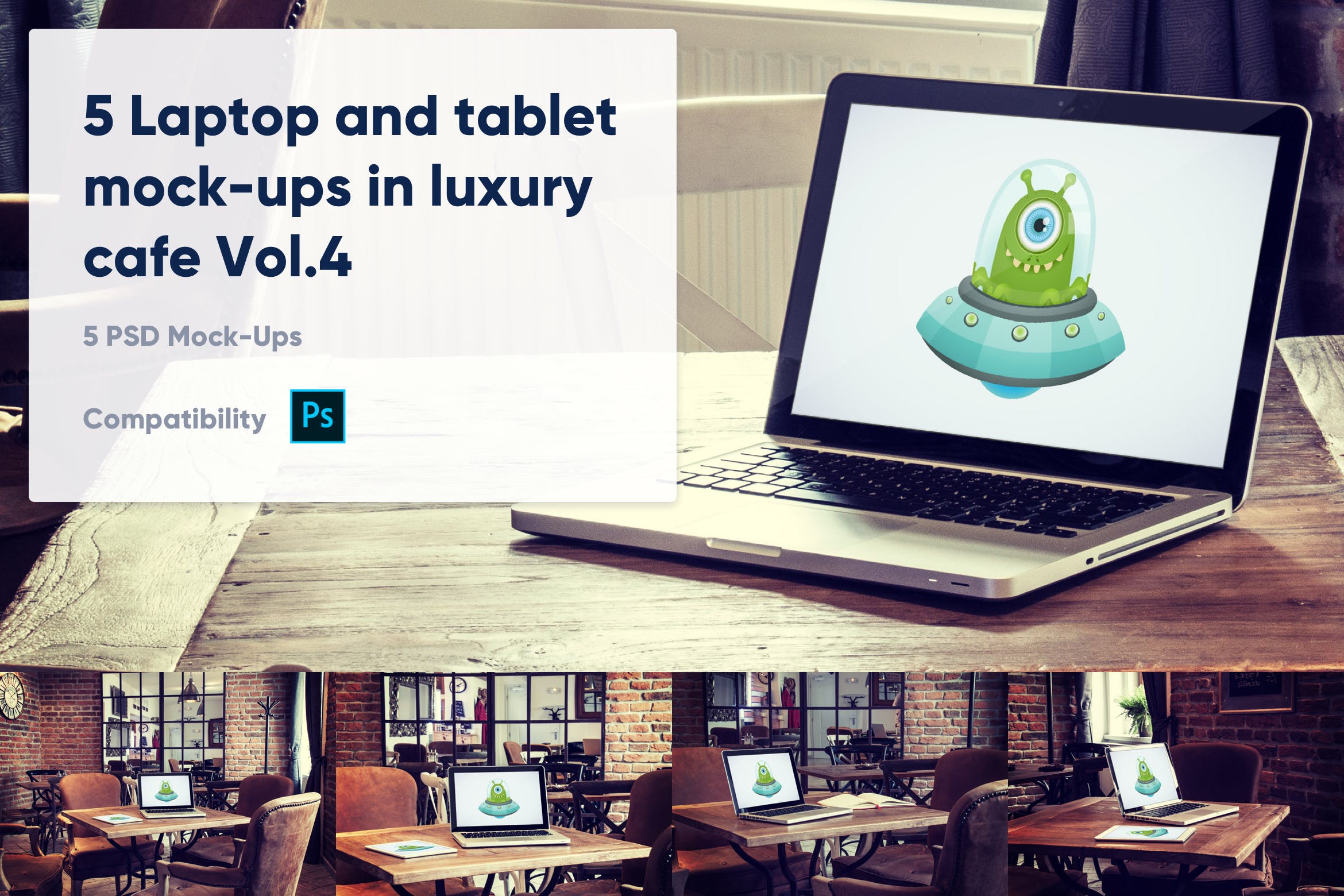 咖啡店场景MacBook&iPad屏幕预览非凡图库精选样机模板v4 5 Laptop and tablet mock-ups in cafe Vol. 4插图
