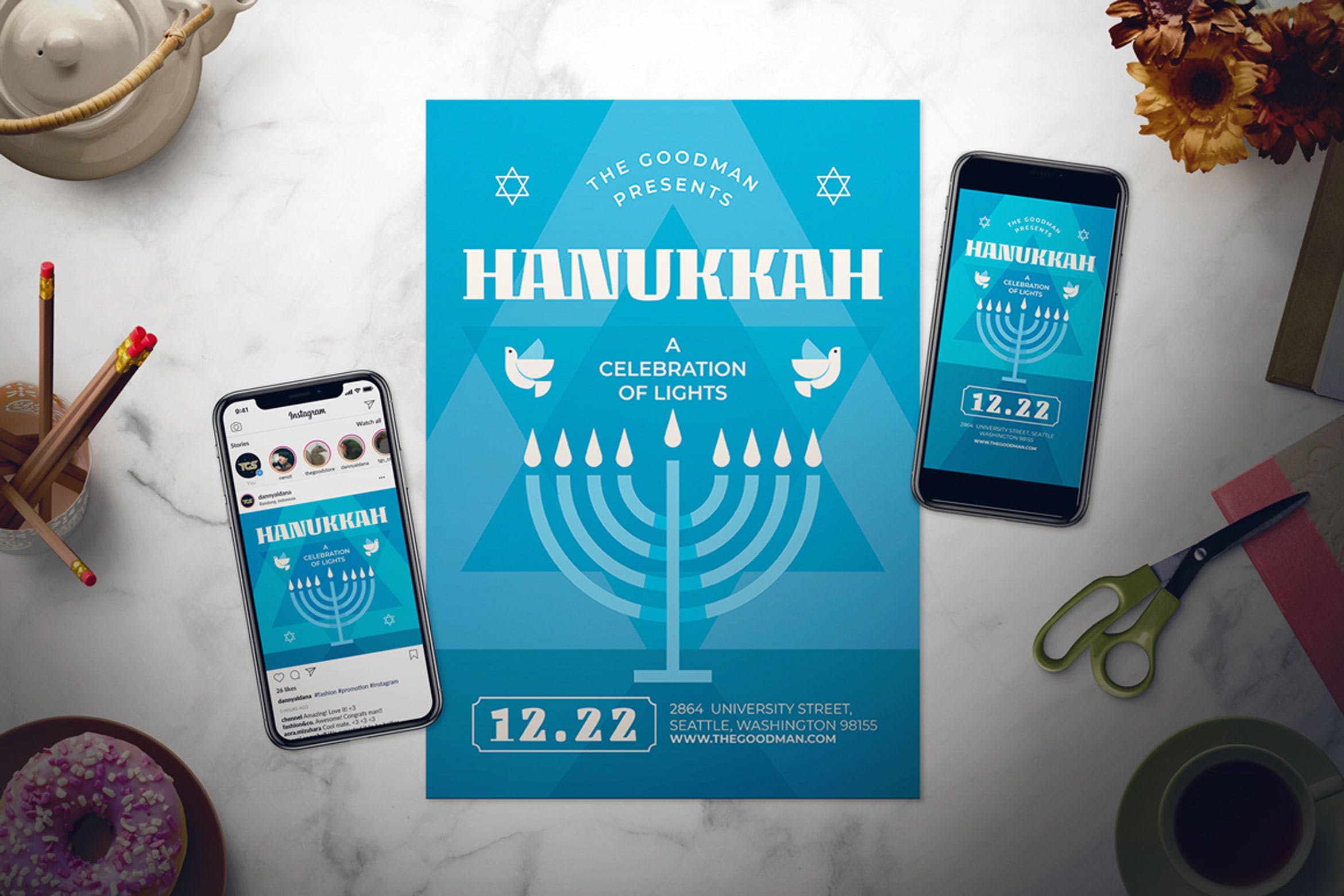 犹太教节日光明节海报传单素材库精选PSD模板 Hanukkah Flyer Set插图