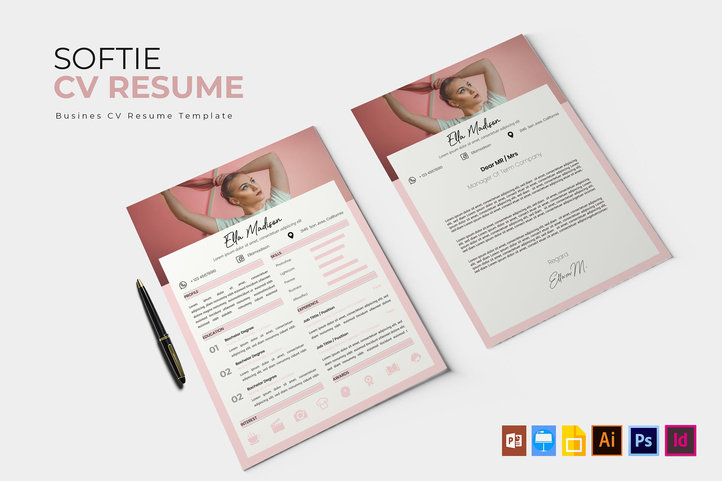 粉色设计风格个人介绍信＆简历模板 Softie | CV & Resume Template插图