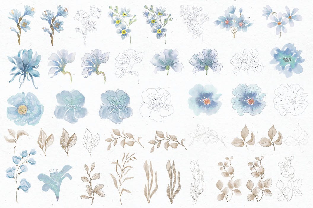 粉蓝色水彩手绘花卉剪贴画PNG素材库精选设计素材 Powder Blue Watercolor Design Collection插图(6)