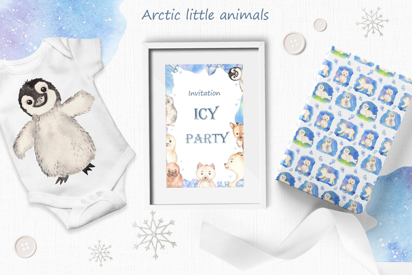 北极小动物水彩手绘剪贴画＆卡片素材 Watercolor Arctic little animals Clipart cards插图(8)