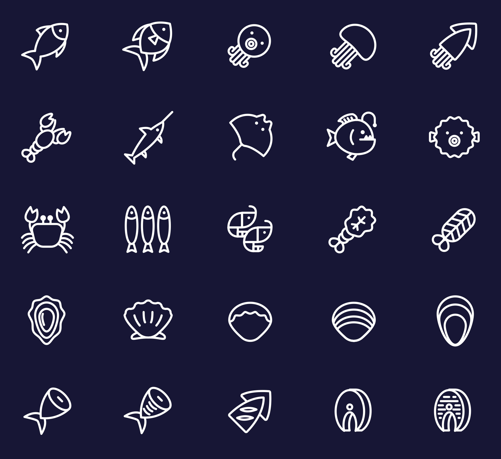 25枚海鲜美食矢量线性素材库精选图标 25 Vector Line Seafood Icons插图(1)