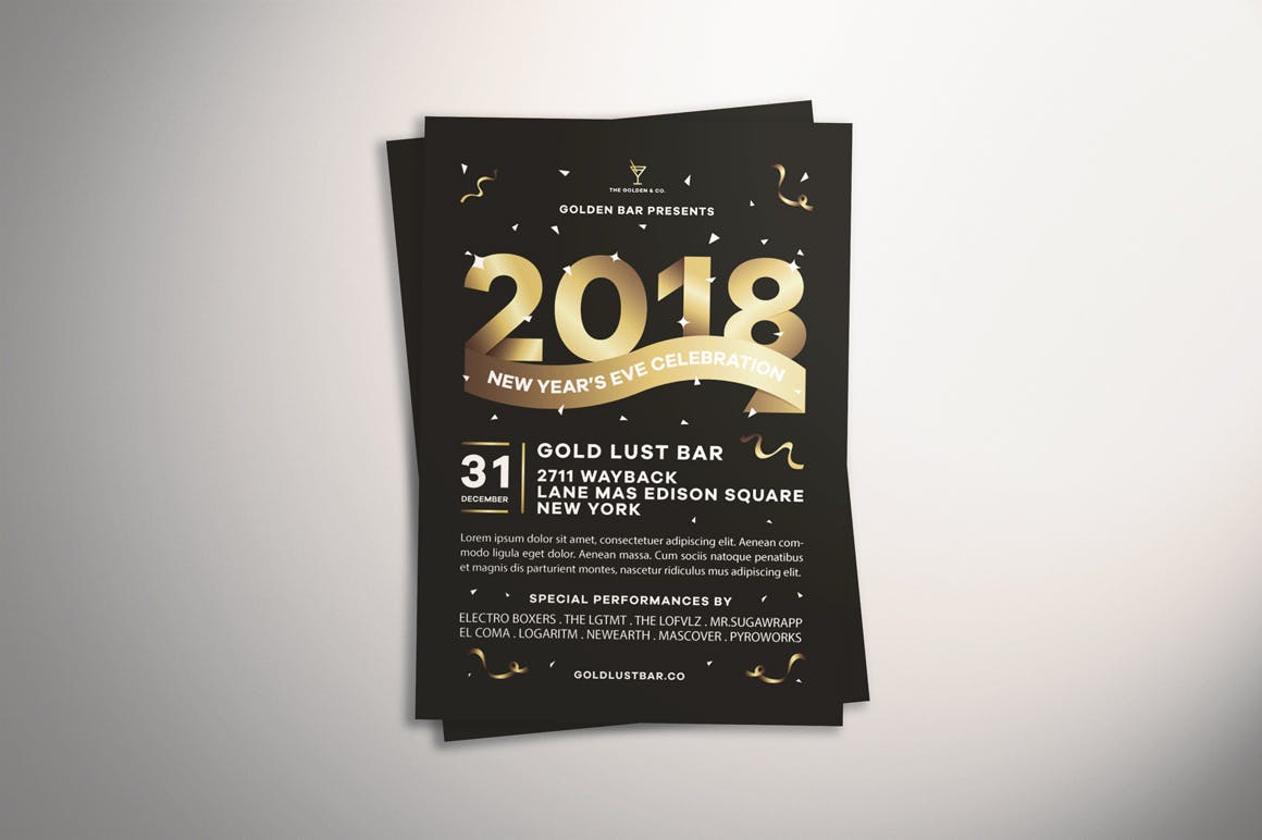 新年前夜金色文字海报传单素材库精选PSD模板v1 New Year’s Eve Celebration Flyer插图(2)