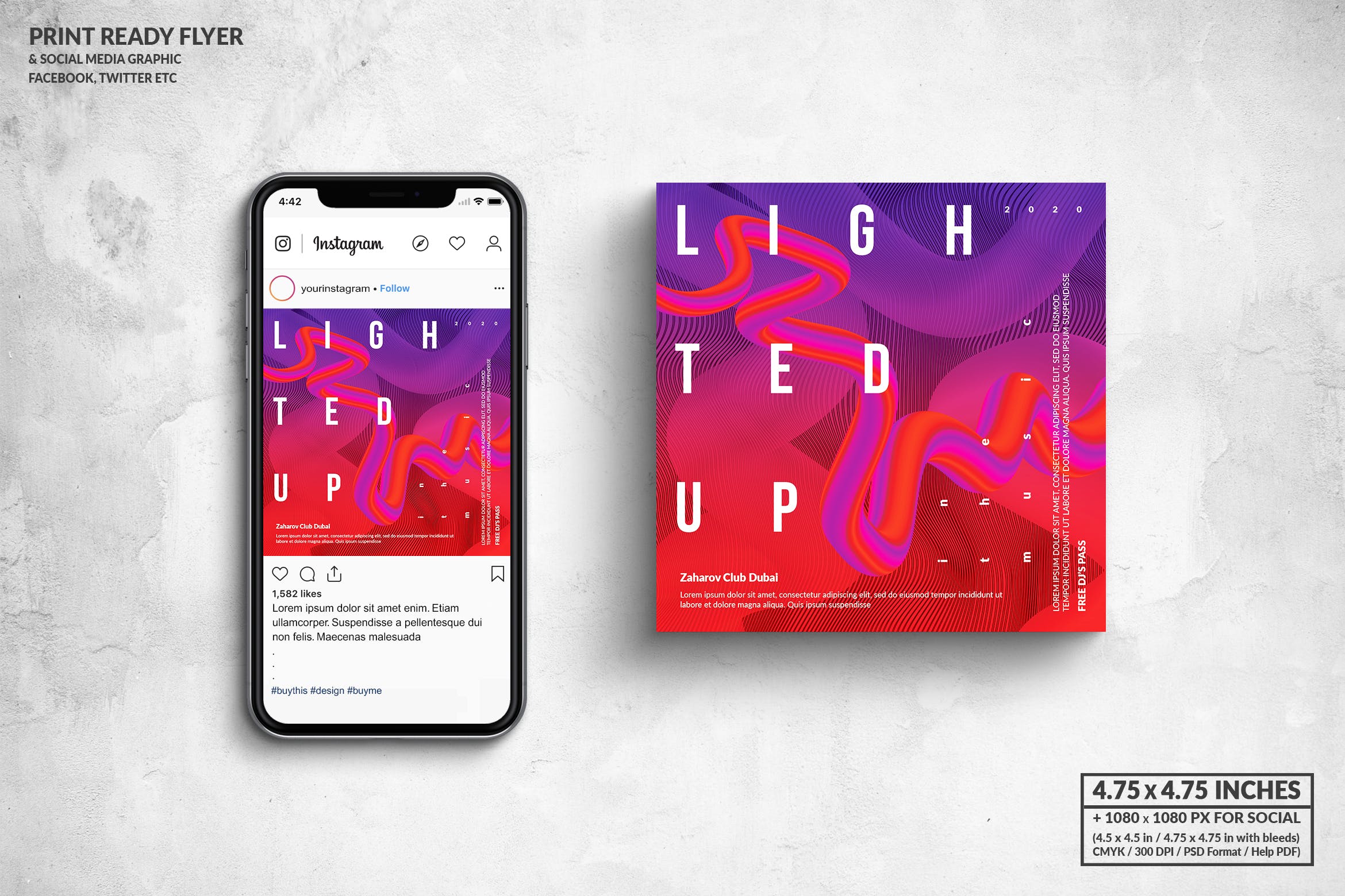 音乐主题活动传单&社交广告图设计模板 Lighted Up Music Square Flyer & Social Media Post插图