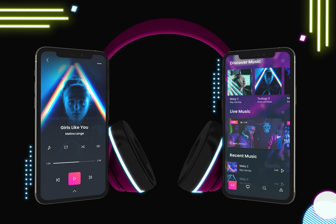 霓虹灯设计风格iPhone手机音乐APP应用UI设计图素材库精选样机 Neon iPhone Music App Mockup插图(4)