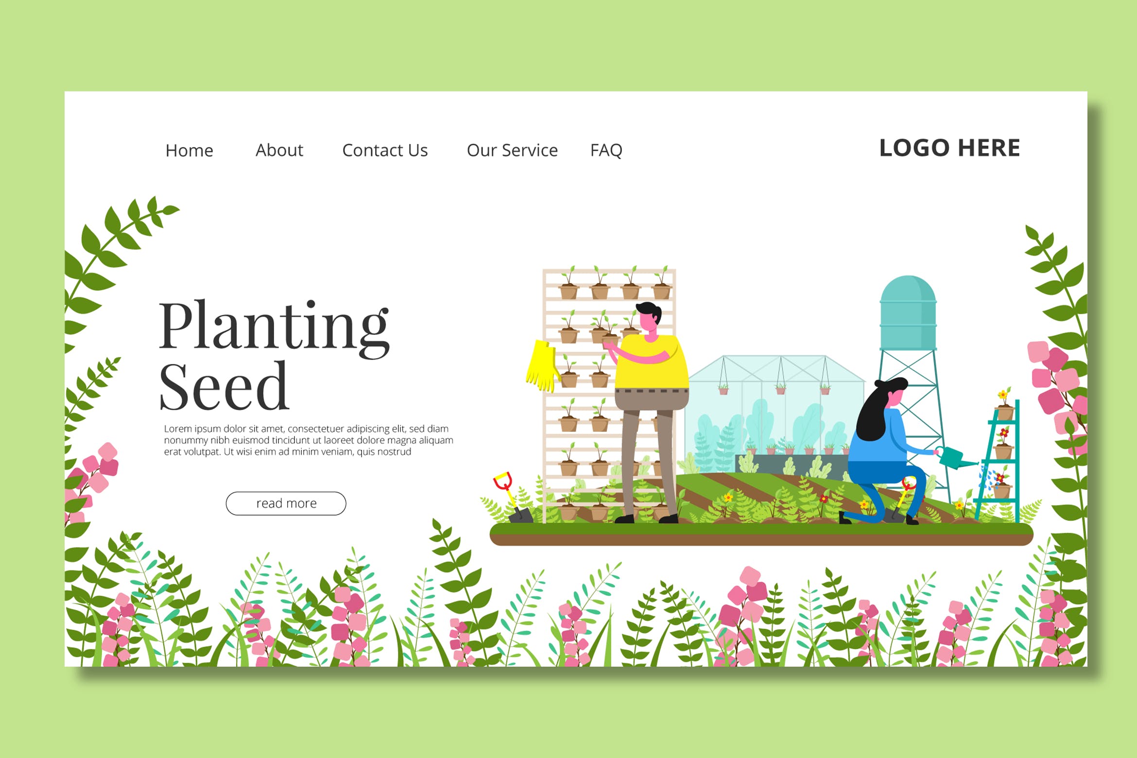 农场耕种主题矢量插画网站着陆页设计素材库精选模板 Seeding Garden – Landing Page插图