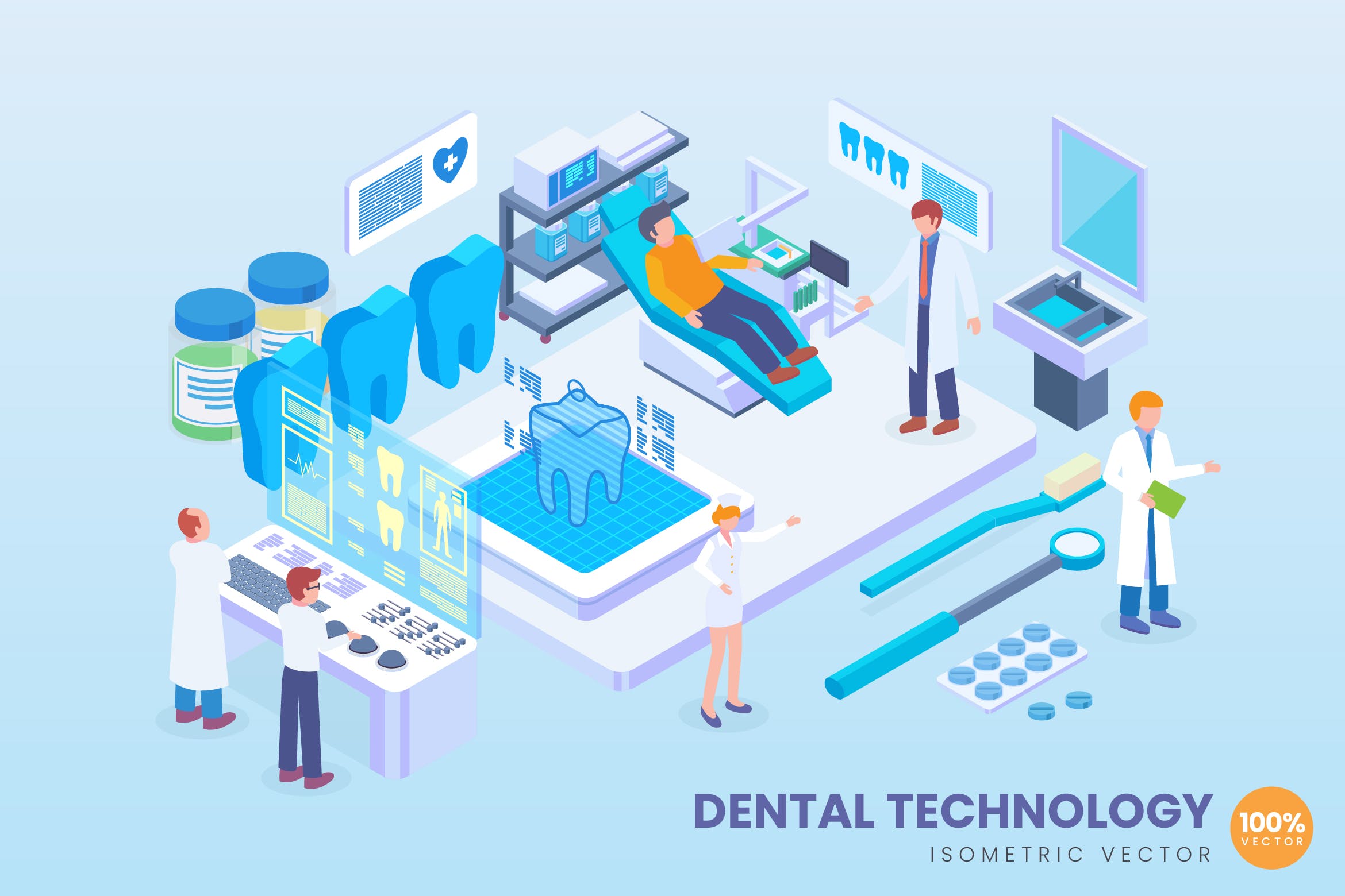现代牙科技术等距矢量科技16设计网精选概念插画 Isometric Dental Technology Vector Concept插图