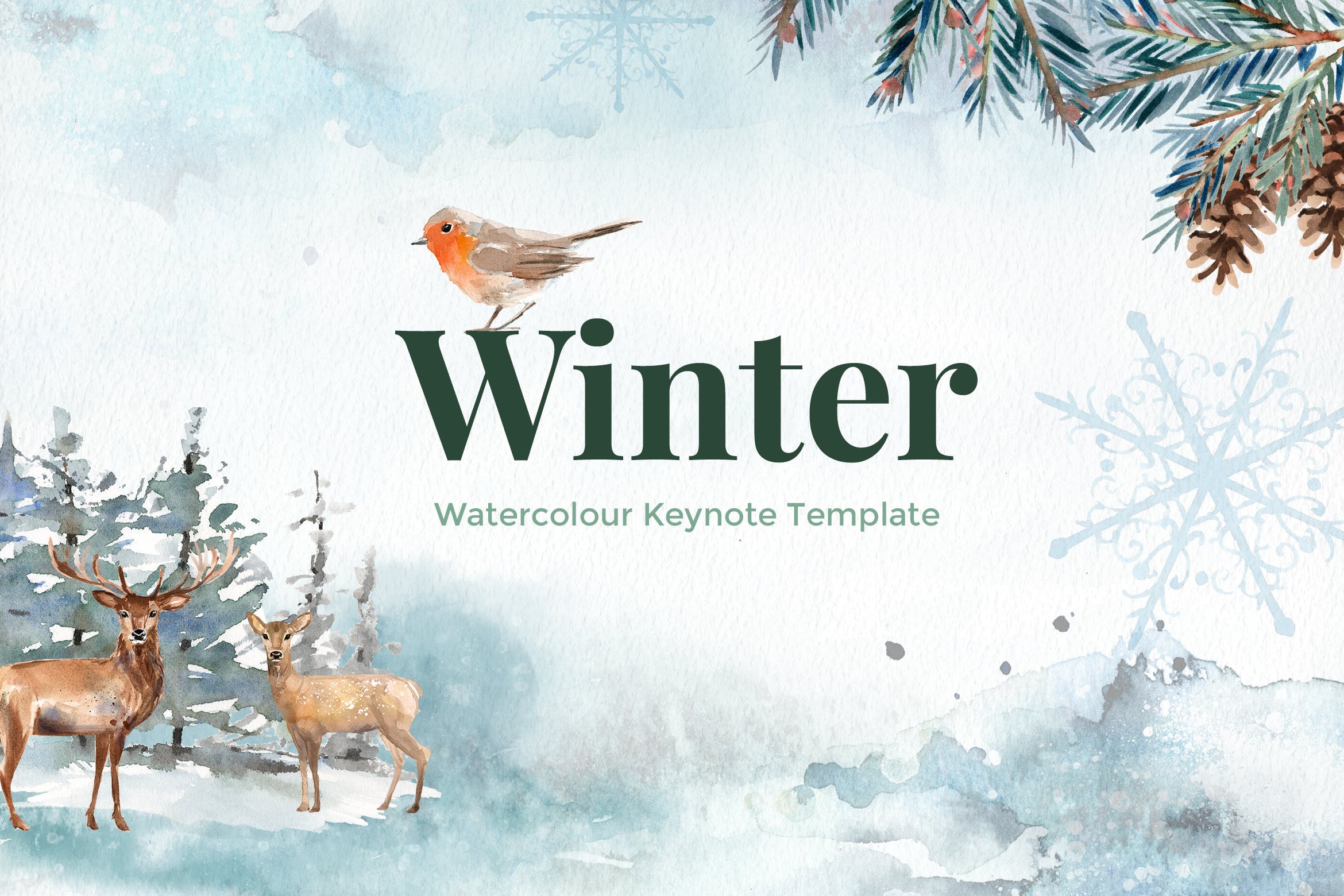 冬天主题水彩手绘元素素材库精选Keynote模板 Winter – Watercolour Keynote Template插图
