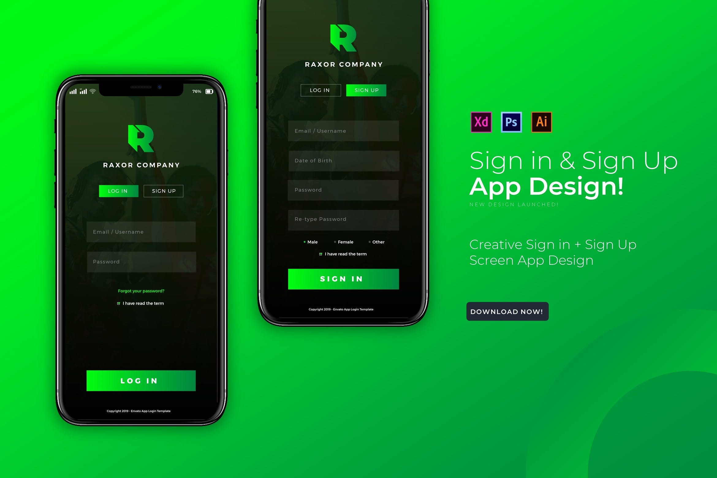 简约风格移动应用程序注册登录界面设计素材库精选模板 Raxor Sign In & Sign Up | App Design插图