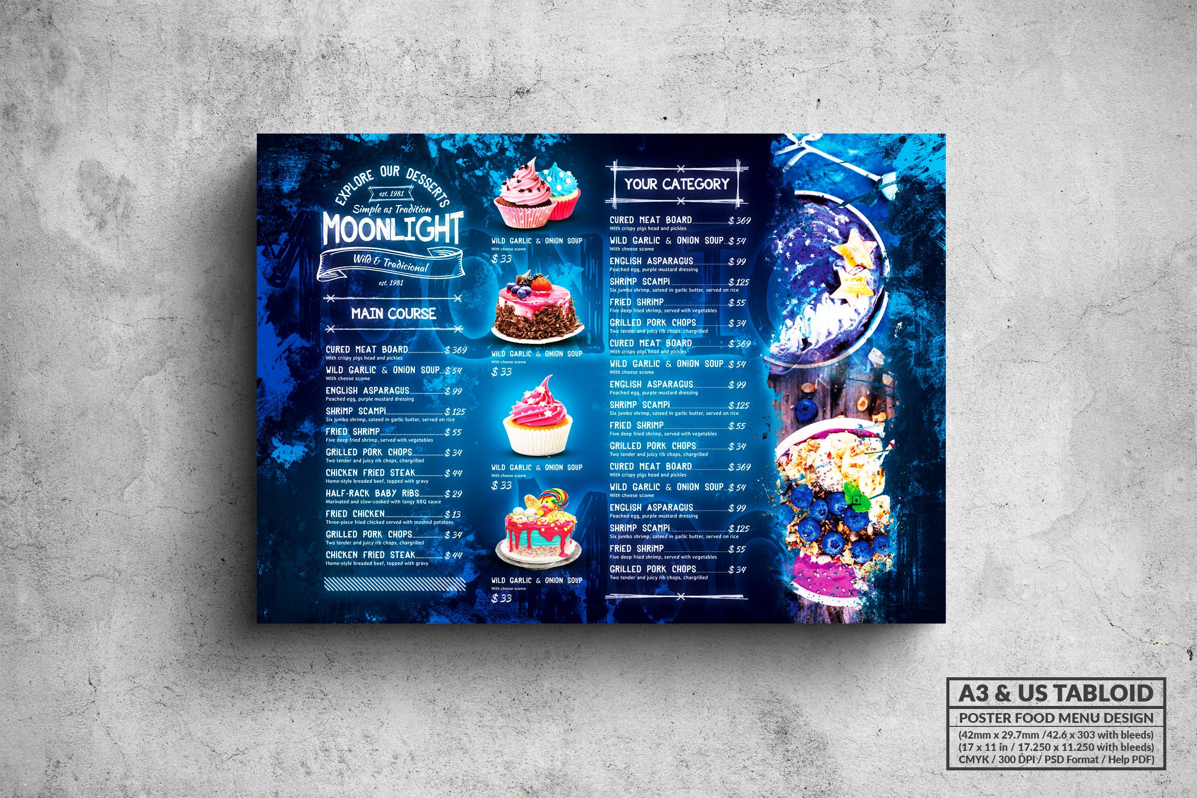 面包蛋糕店菜单海报PSD素材素材库精选模板 Moonlight Bakery Menu – A3 & US Tabloid Poster插图