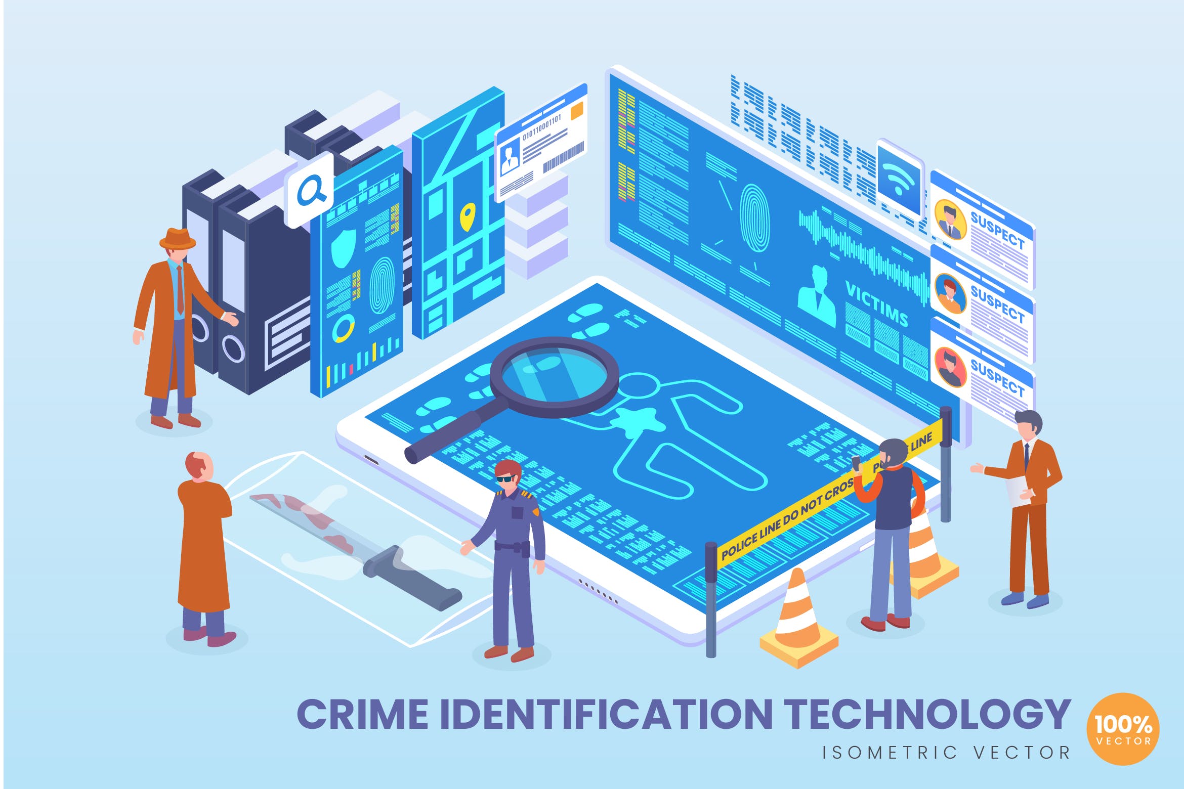 犯罪识别技术等距矢量素材库精选科技概念插画v1 Isometric Crime Identification Technology Vector插图