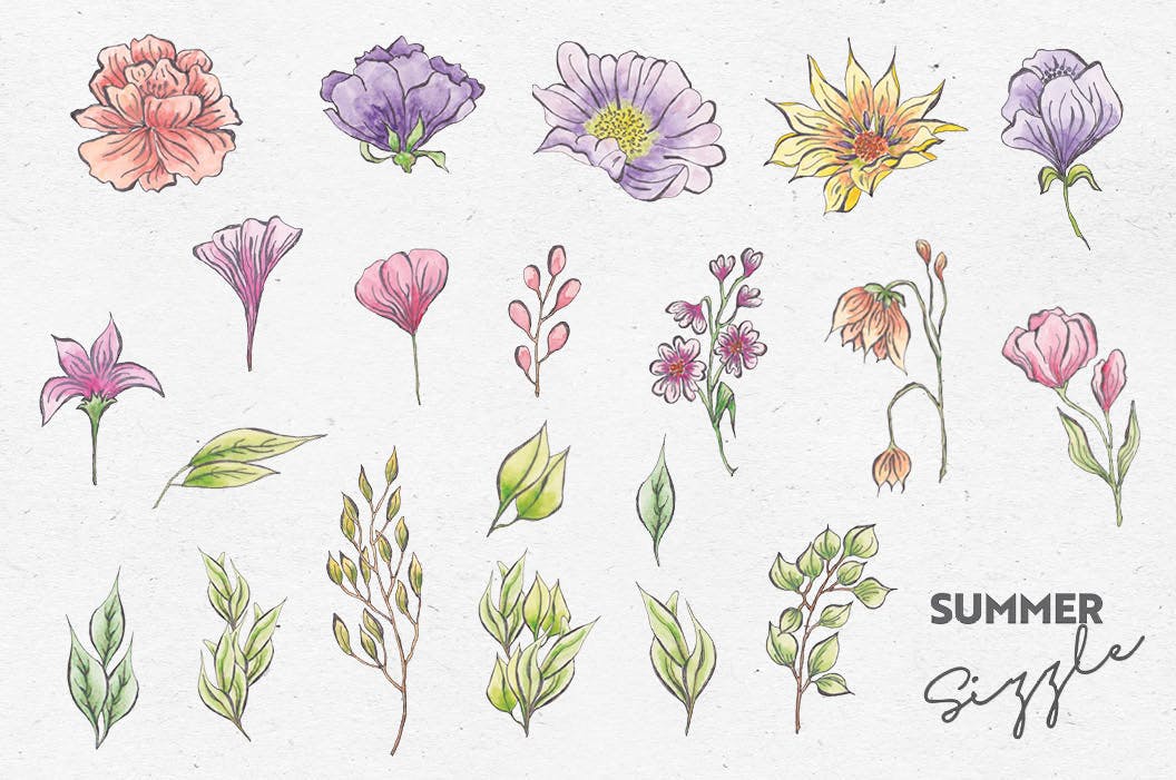 夏日鲜艳色彩水彩花卉设计16设计网精选PNG素材包 Summer Sizzle: Watercolor and Ink Collection插图(7)