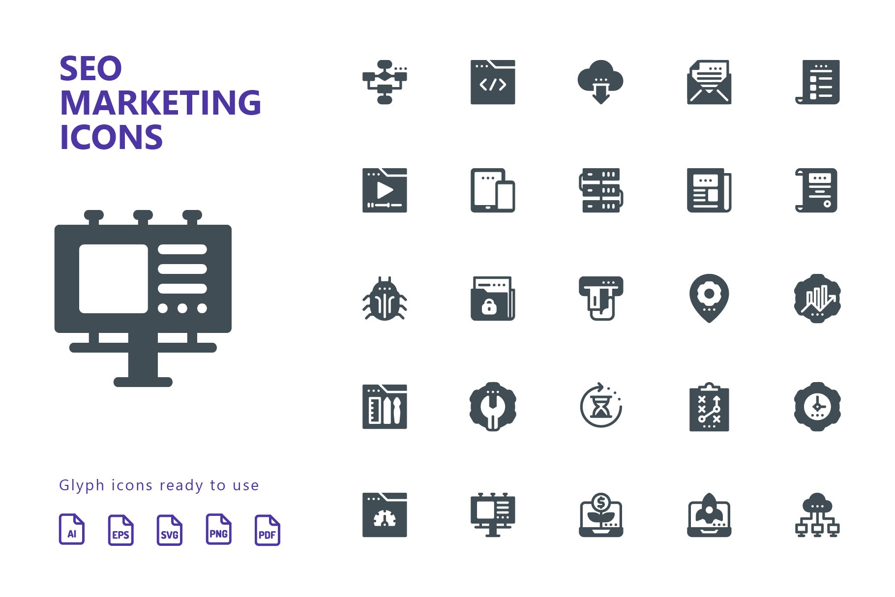 25枚SEO搜索引擎优化营销矢量字体素材库精选图标v1 SEO Marketing Glyph Icons插图(1)