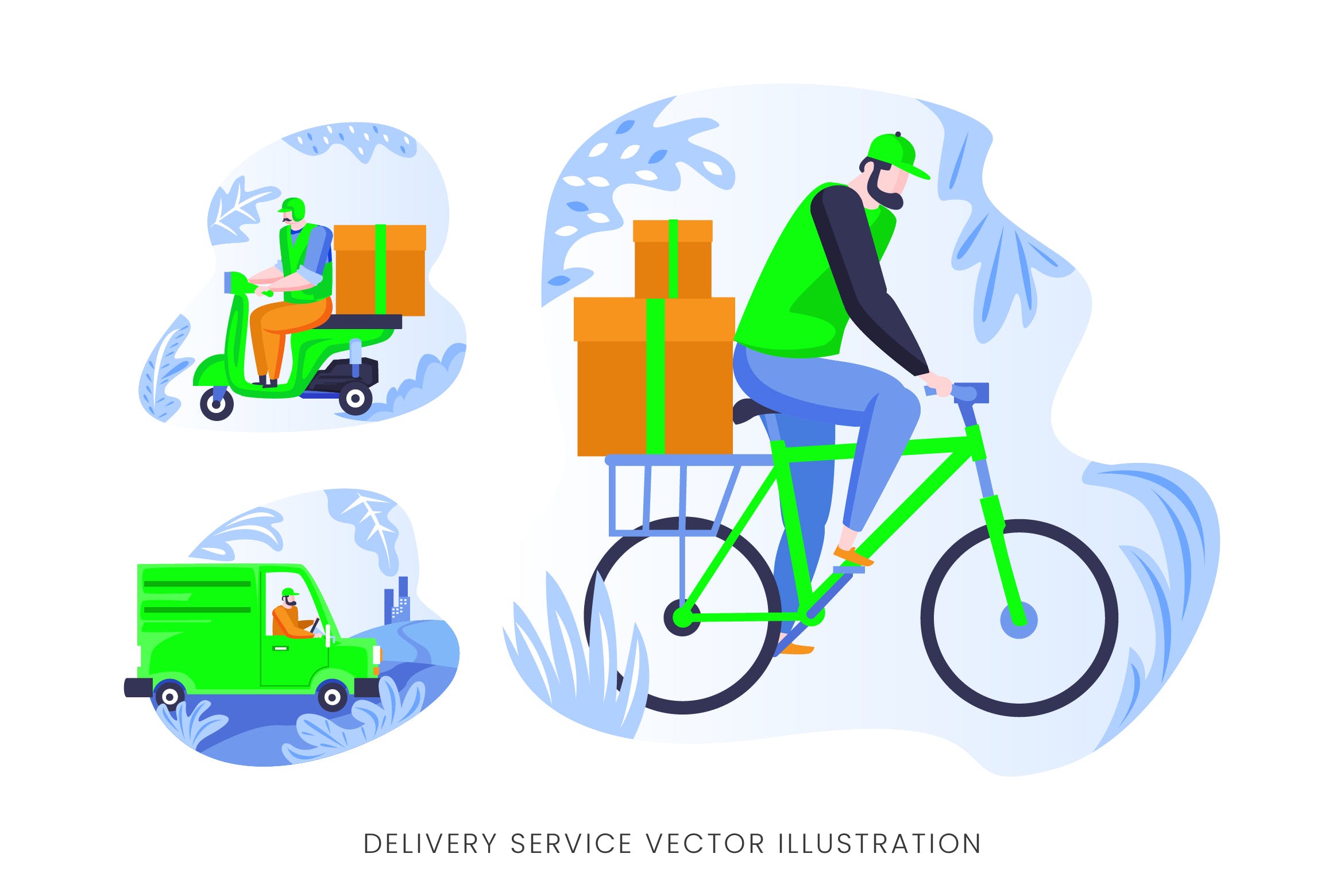 快递员送货员人物形象素材库精选手绘插画矢量素材 Delivery Services Vector Character Set插图