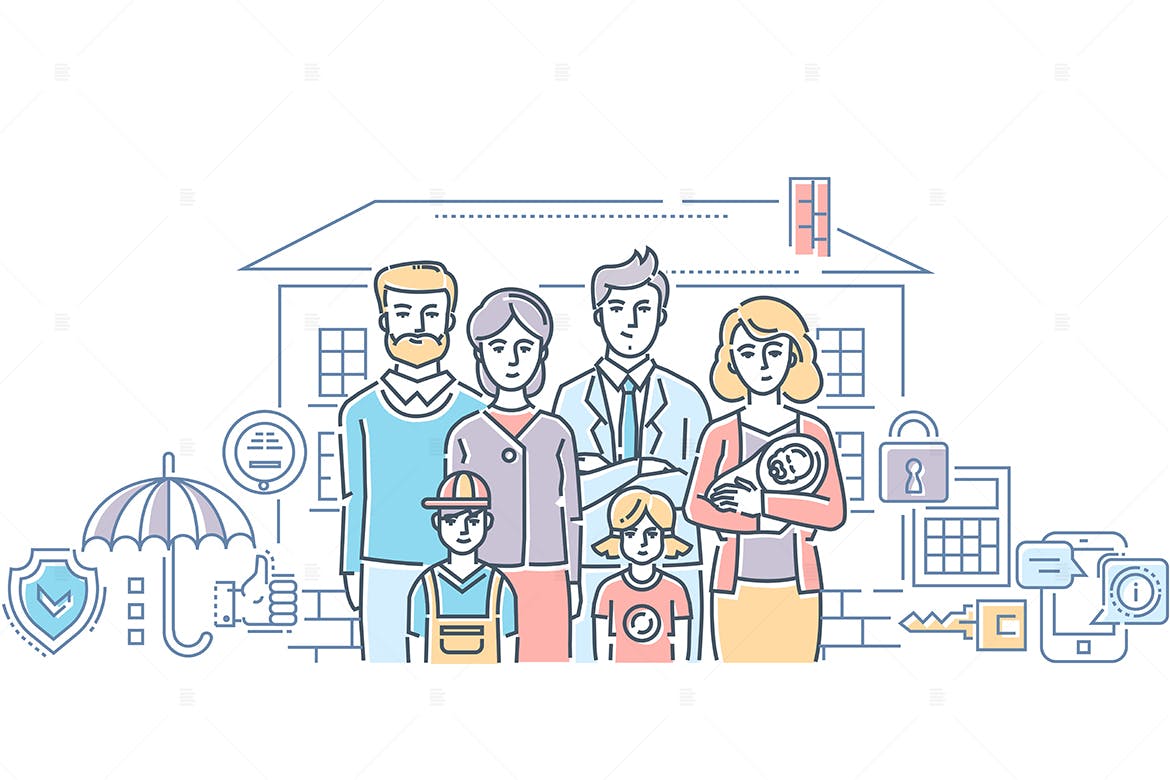 线条设计风格家庭保护主题矢量插画16设计网精选 Family protection – line design style illustration插图(1)