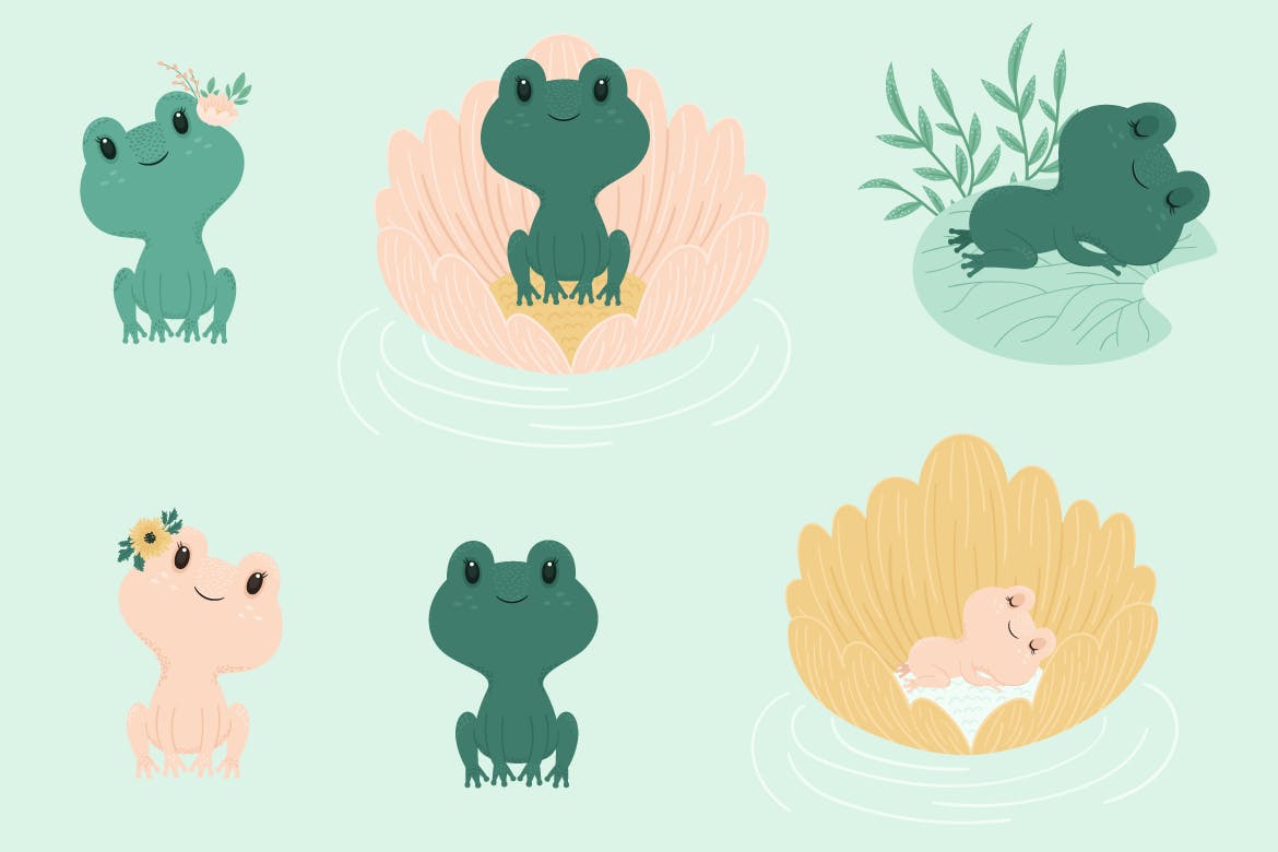 可爱小青蛙手绘矢量图形非凡图库精选设计素材 Cute Little Frogs Vector Graphic Set插图(5)