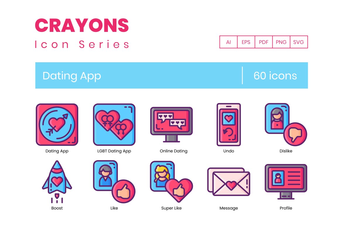 60枚约会主题APP矢量素材库精选图标-蜡笔系列 60 Dating App Icons – Crayon Series插图