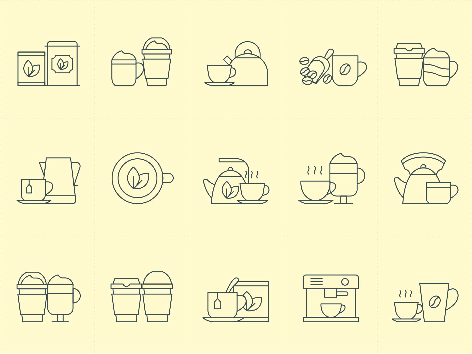 咖啡&茶文化主题矢量线性非凡图库精选图标 Coffee and Tea Vector Icons插图