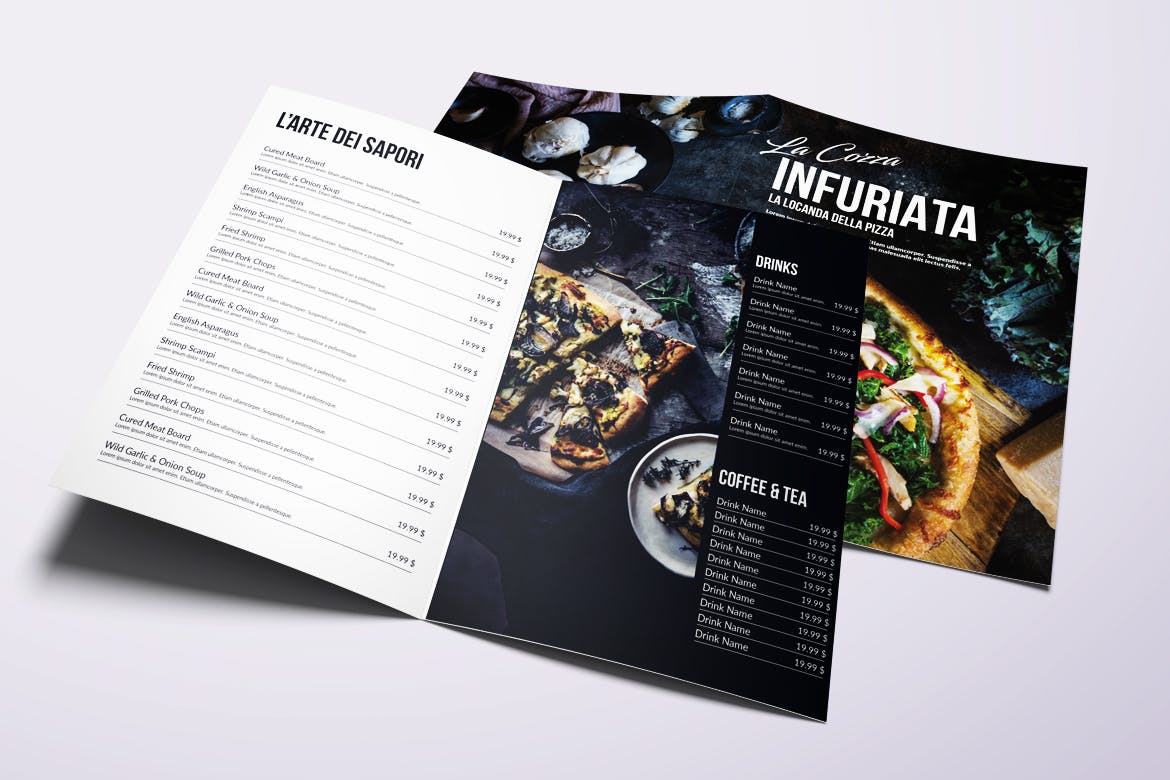现代极简设计风格折页披萨16设计网精选菜单模板 Minimal Modern Bifold A4 & US Letter Food Menu插图(1)