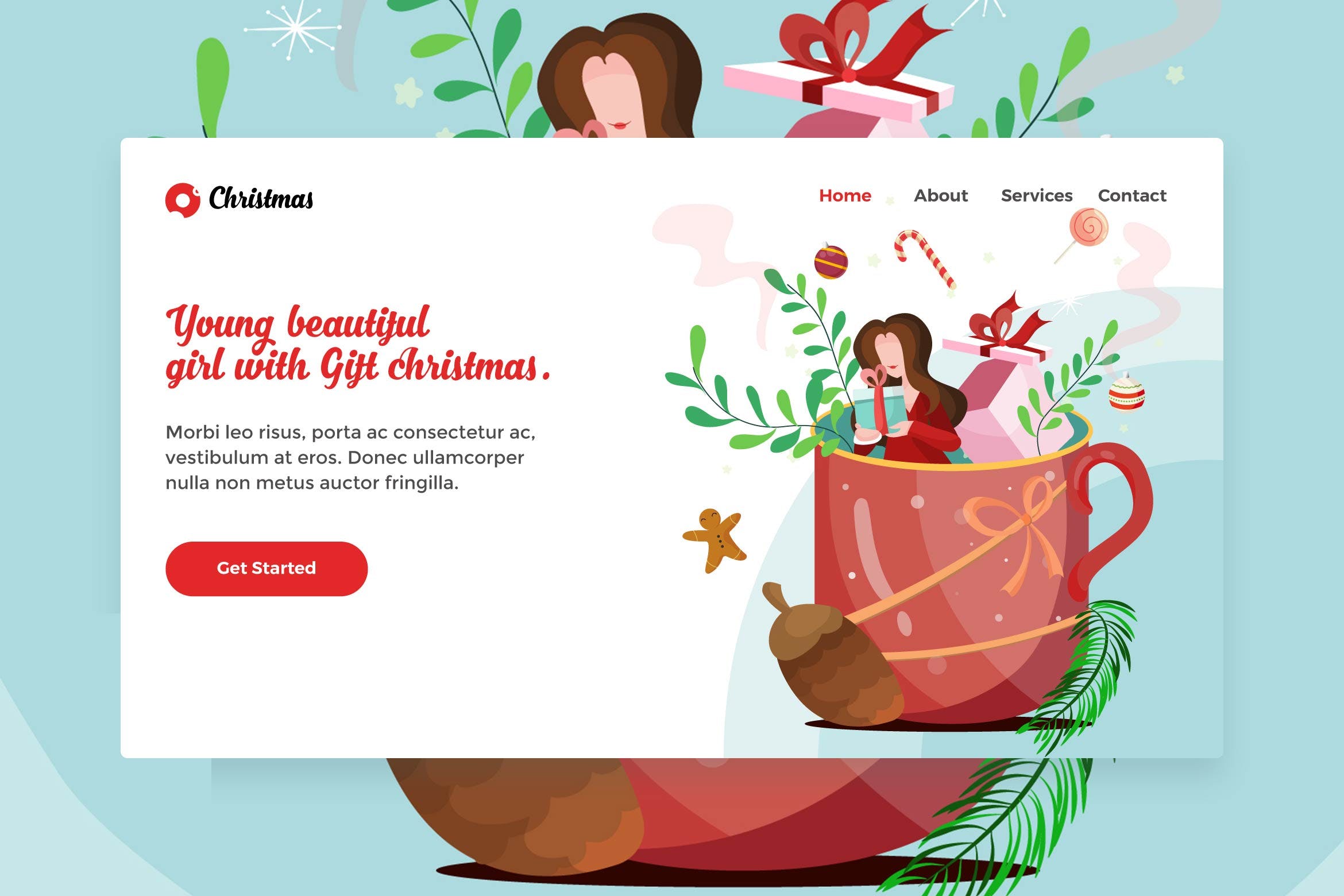 网站着陆页设计圣诞节主题女孩矢量插画素材v2 Merry Christmas Beautiful Girl web Landing Page插图