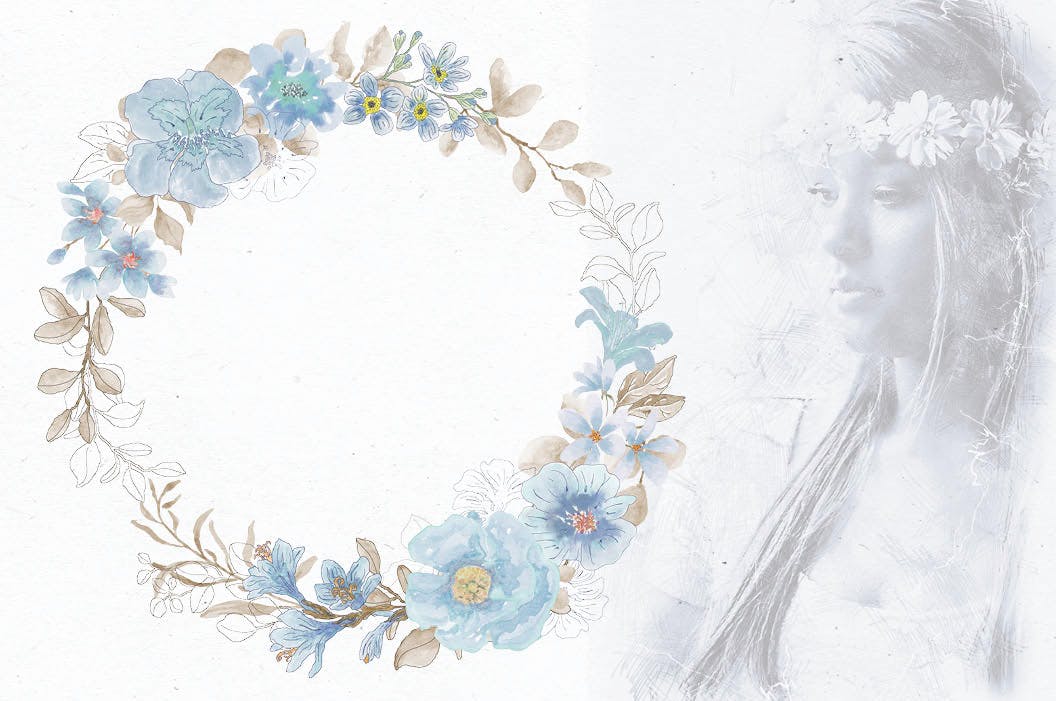 粉蓝色水彩花环剪贴画素材中国精选PNG素材 Powder Blue Watercolor Wreaths插图(3)
