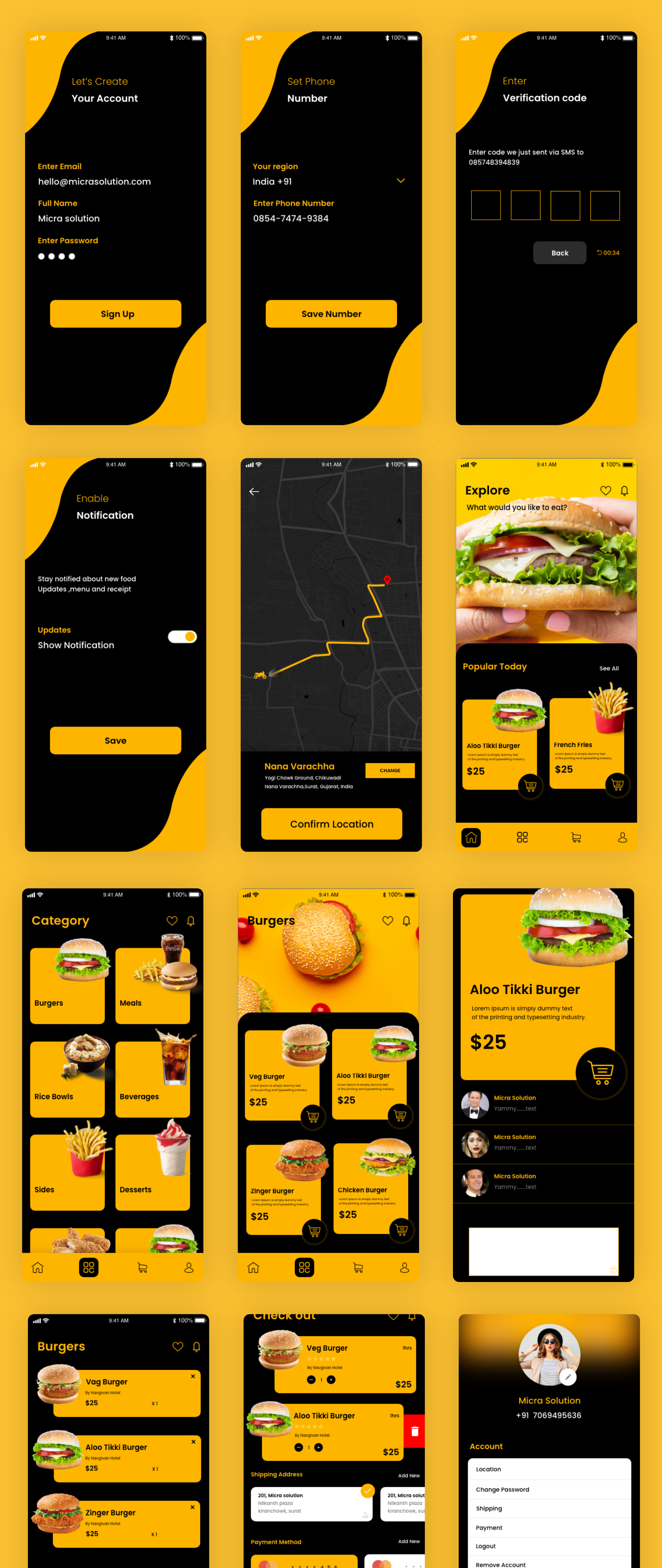 16图库下午茶：黄&黑配色风格汉堡食品下单/配送移动APP应用设计XD模板插图(1)