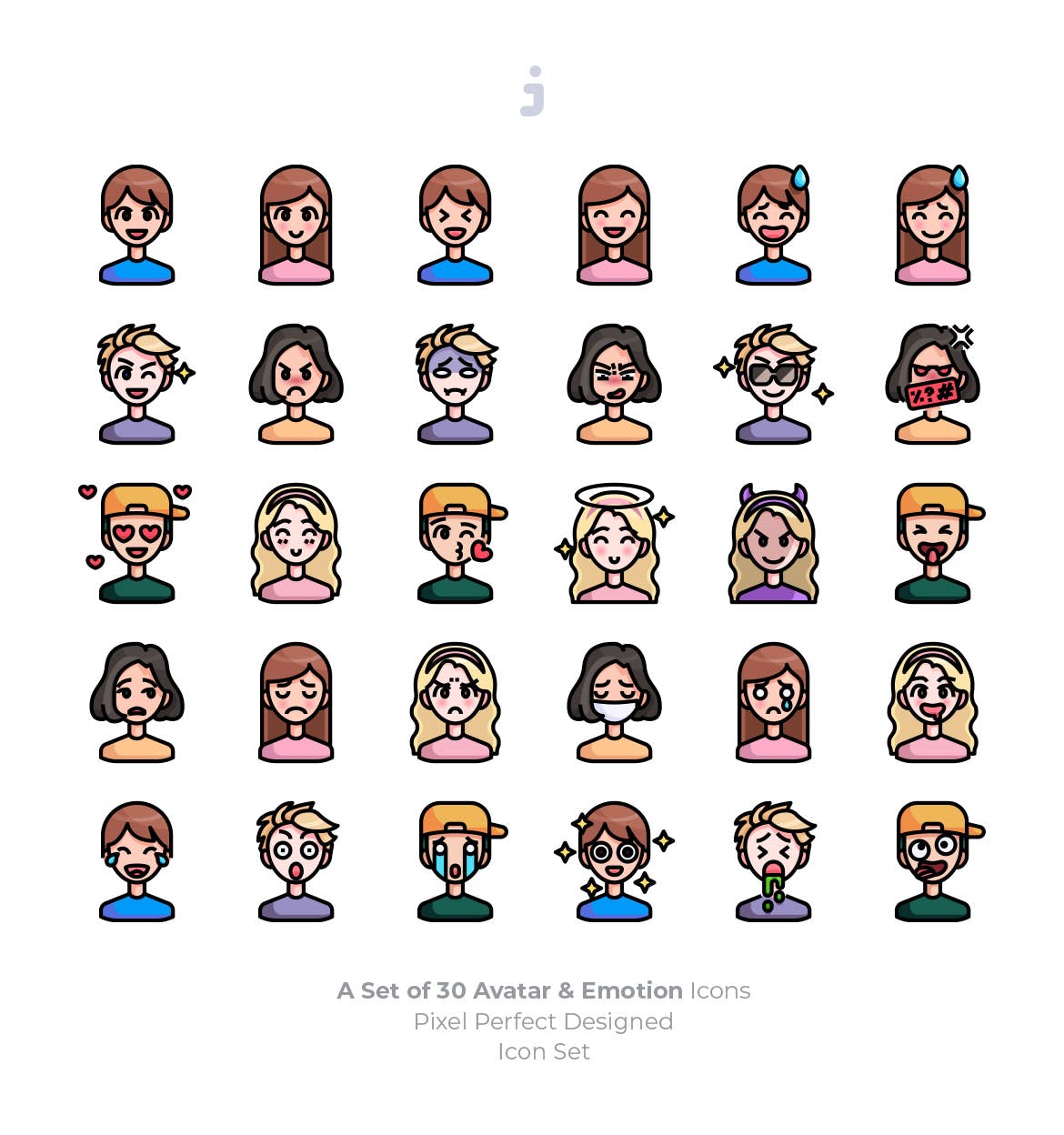 30枚彩色人物头像&表情矢量16图库精选图标 30 Avatar and Emotion Icons插图(1)