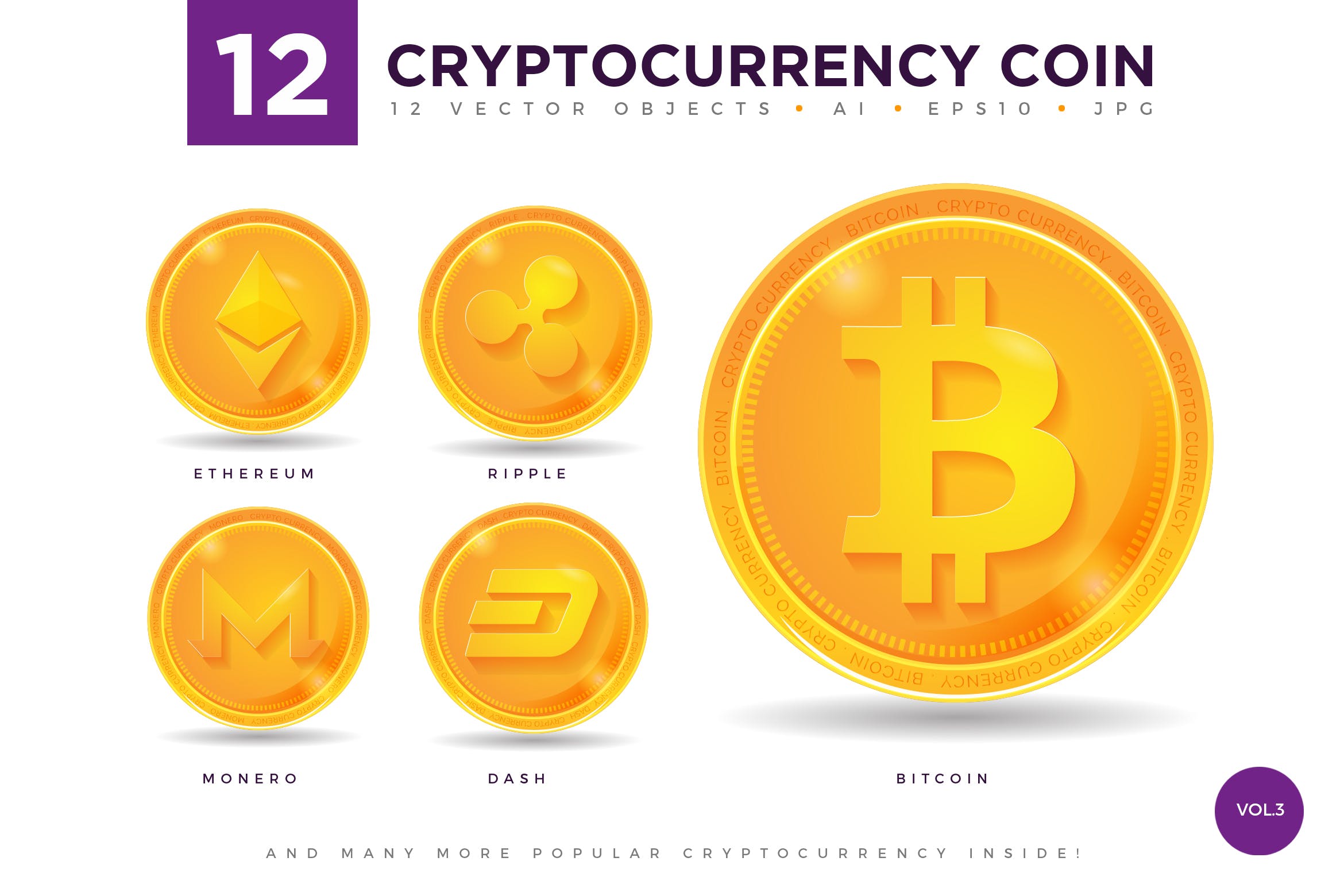 12枚加密货币主题硬币形状矢量素材库精选图标合集v3 12 Crypto Currency Coin Vector Illustration Set 3插图