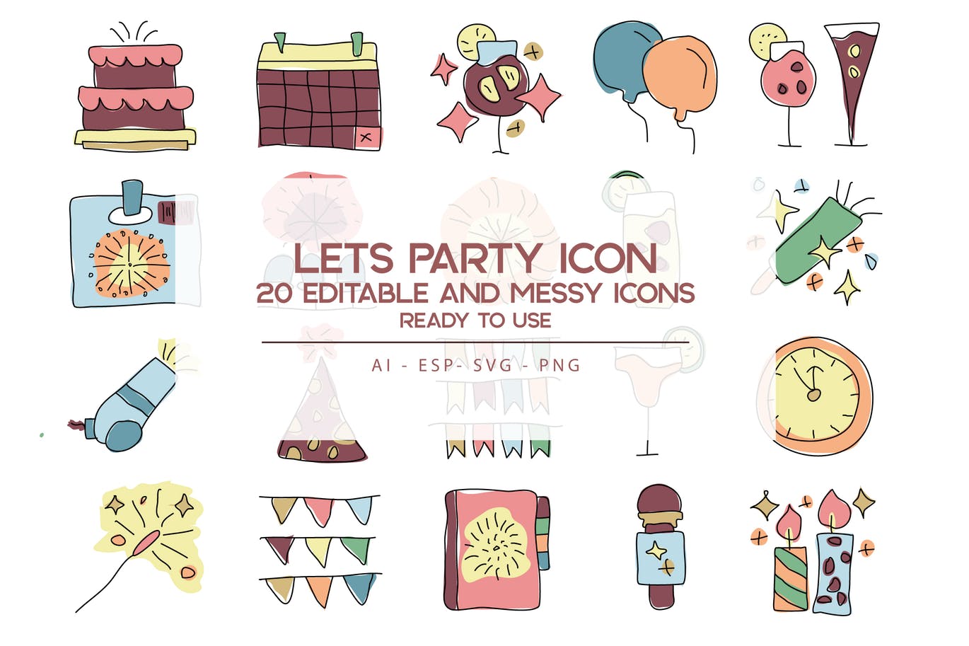 20枚活动派对主题手绘设计风格矢量素材库精选图标 Let’s Party Icons Set插图